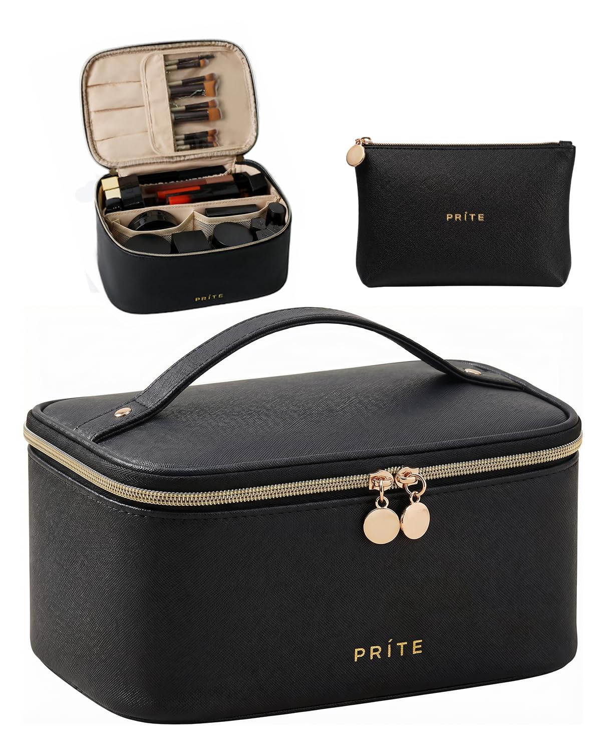 Prite Makeup Bag, Large Capacity Cosmetic Bag for Women and Girls, Waterproof PU Leather Travel Makeup Case, Toiletry Organizer with Handle and Divider for Skincare and Brushes - Black Set