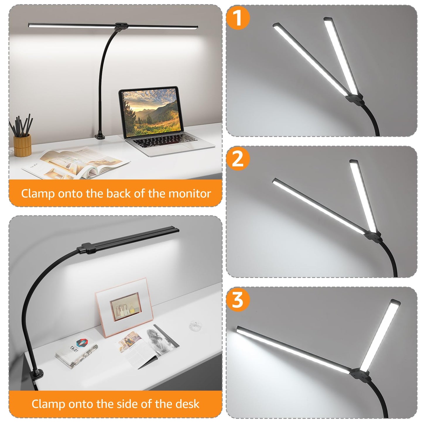ShineTech LED Desk Lamp for Home Office, Ultra Bright Clamp Light with Flexible Gooseneck, 25 Lighting Modes, Eye-Caring Architect Lamp for Dual Monitors, Reading & Gaming Setup