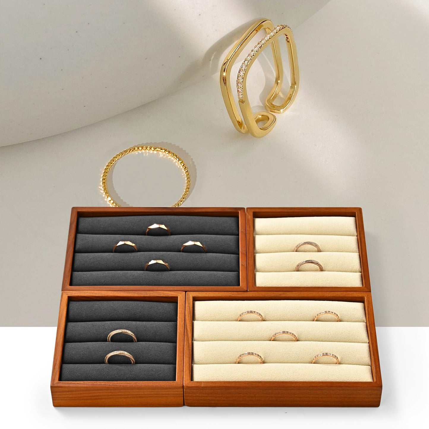 Woodten Solid Wood 3-Slots Jewelry Ring Display Tray Showcase Small Jewelry Display Organizer Tray for Rings(S,Beige)