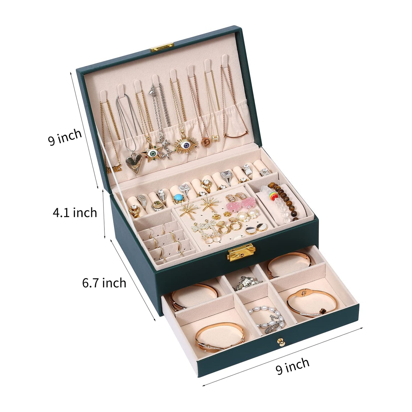 GUOER Jewelry Box for Women Girl Wife - Large PU Leather Jewelry Organizer Storage Case with Two Layers Display for Earrings Bracelets Rings Watches (Green)