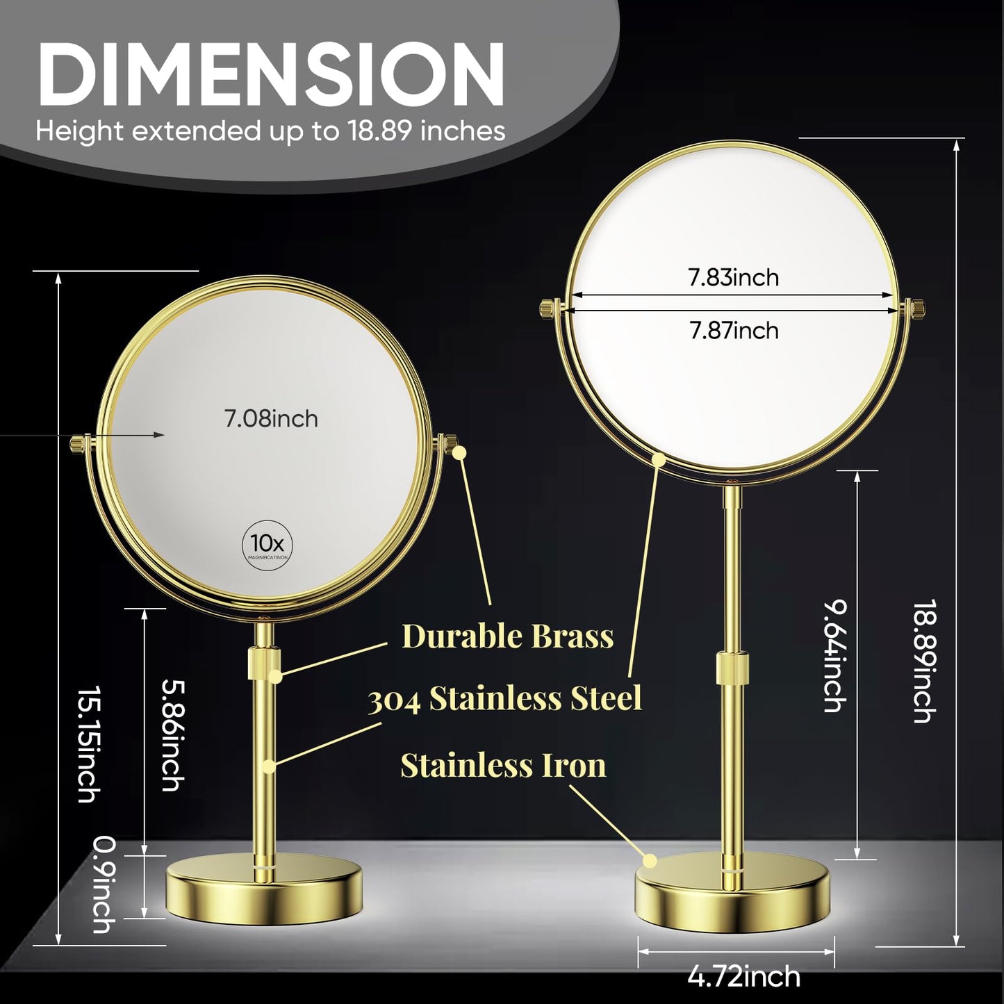 Nicesail Height Adjustable 15~19” Tall Table Mirror, 1X 10X Magnifying Mirror Double Sided for Makeup&Shaving, Desk Vanity Mirror Tabletop 360 Rotation of 8” Face, Bathroom Shiny Gold Makeup Mirror