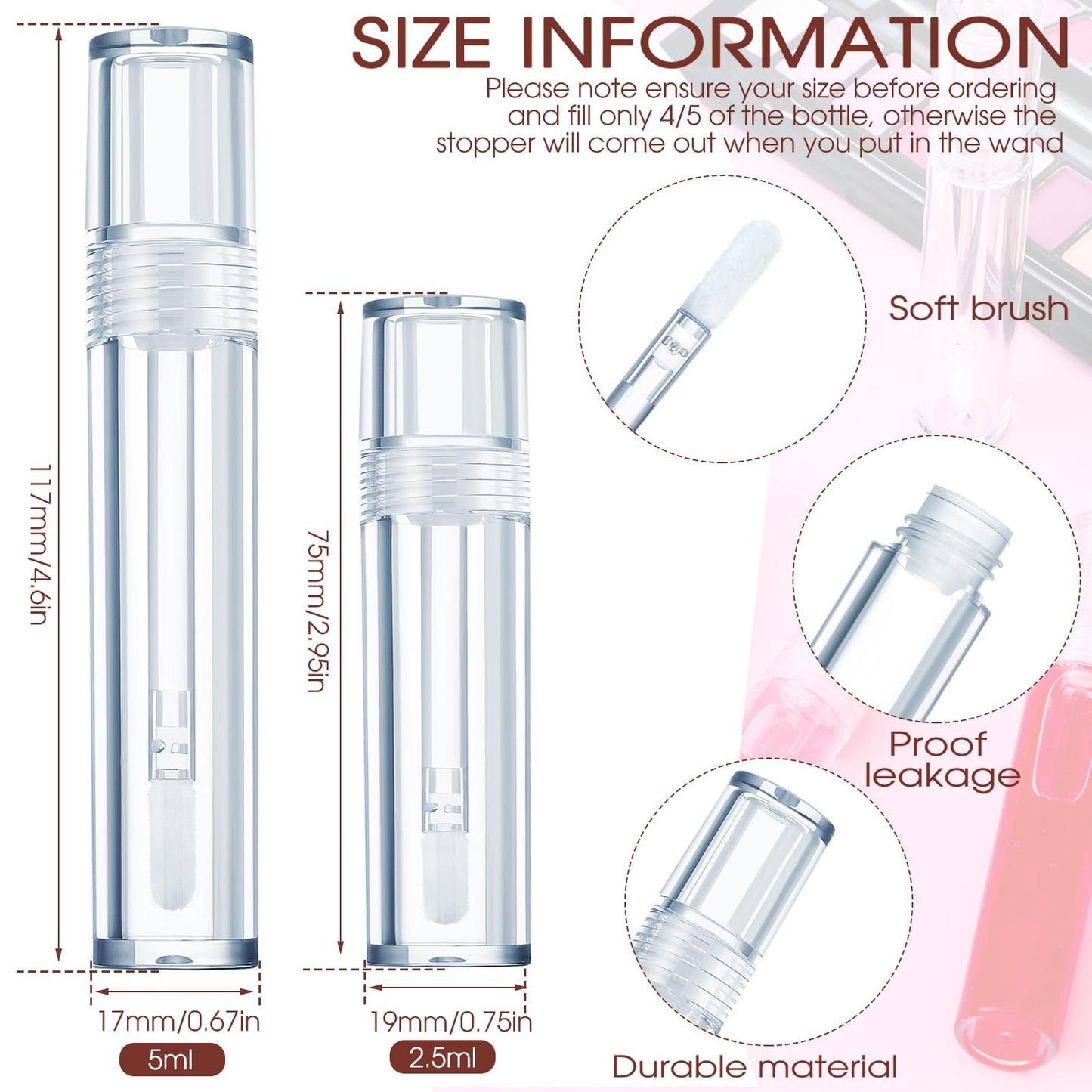Hsei 100 Pcs Empty Lip Gloss Tubes with Wand Bulk Heavy Duty Clear Lips Balm Containers Refillable Lipstick Tubes with Rubber Stoppers for Travel Cosmetic DIY Makeup Gift Supply(5 ml,100 Pcs)