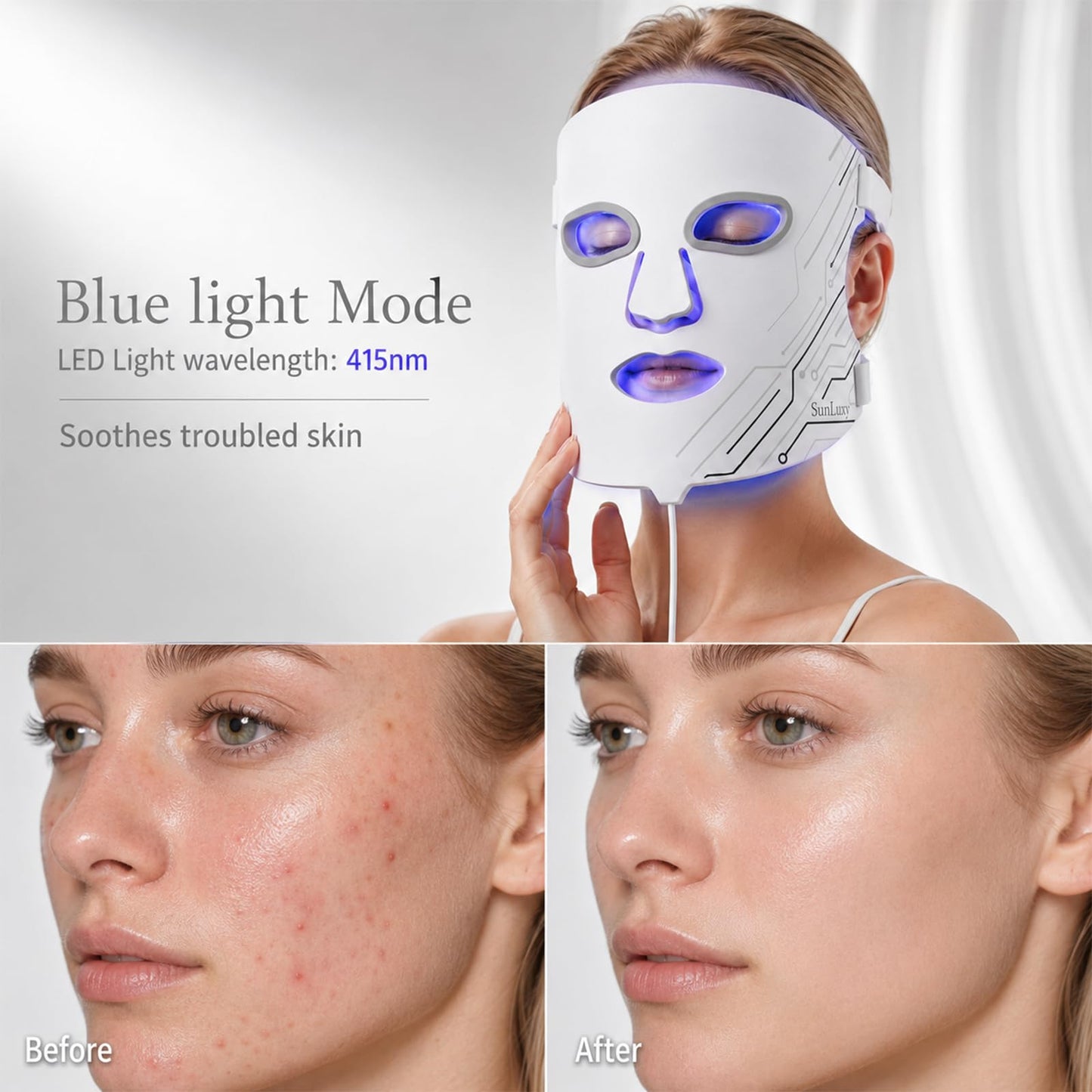 SUNLUXY Red Light Therapy Mask for Face, Red & Blue LED Face Mask Light Therapy with 3 Modes with 850nm NIR, Cordless Rechargeable with Remote Control, Full Face Skincare for Women Mom Wife