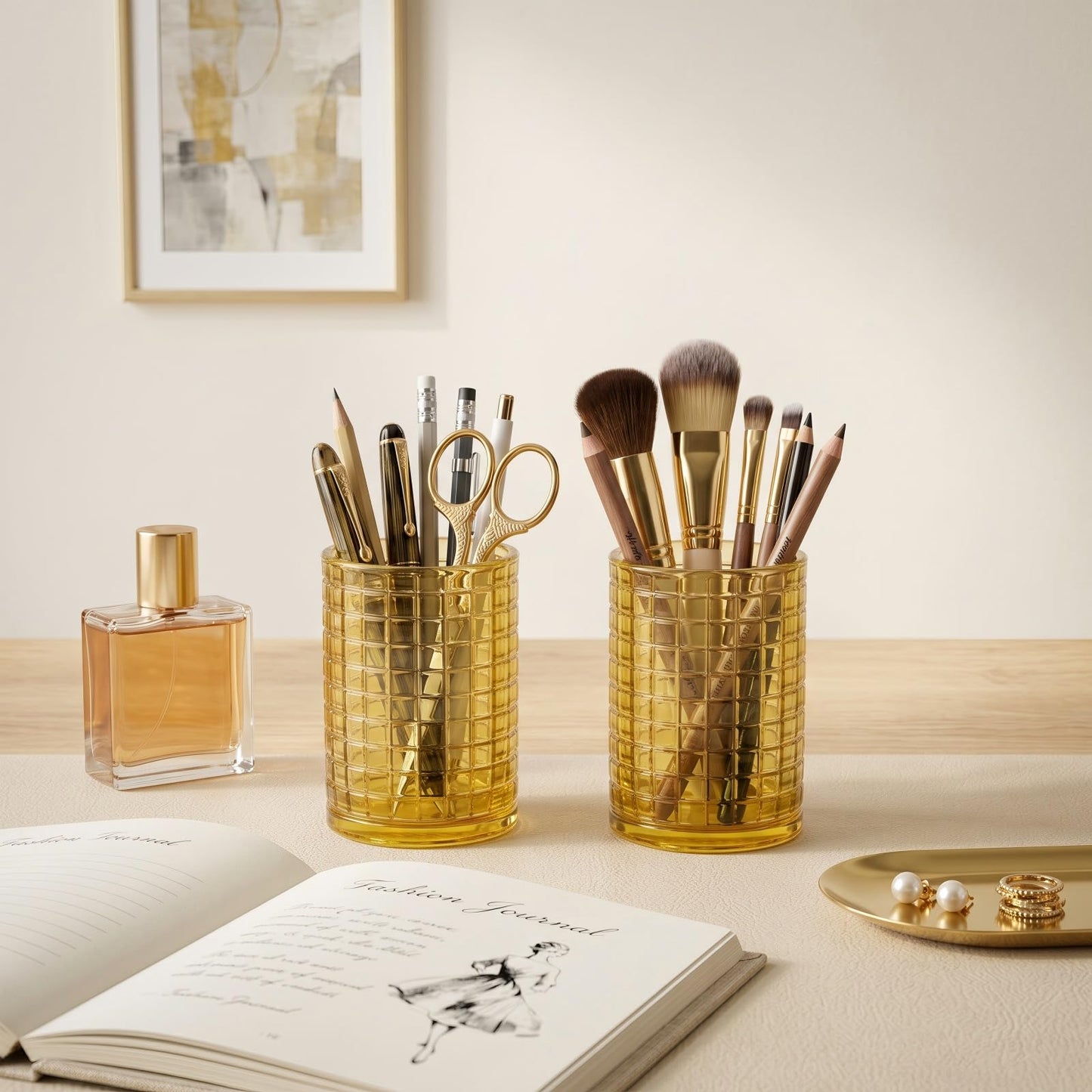 Makeup Brush Holder Organizer, Grid Pattern Glass Storage Box Container, Multifunctional Toothbrush Desk Pen Pencil Holder for Crystal Home Decor, Table Centerpiece, Wedding, Party(Gold 2 Pack)