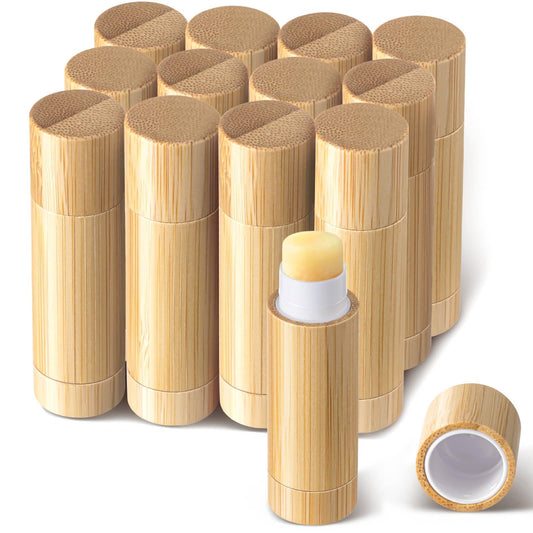 Leinuosen 12 Pcs Bamboo Empty Lipstick Tubes, Refillable 5g Lip Balm Containers with Rotable Plastic Inner for Women Girl DIY Cosmetic Lip Gloss Tubes for Lipstick, Deodorant, Solid Perfume, Makeup
