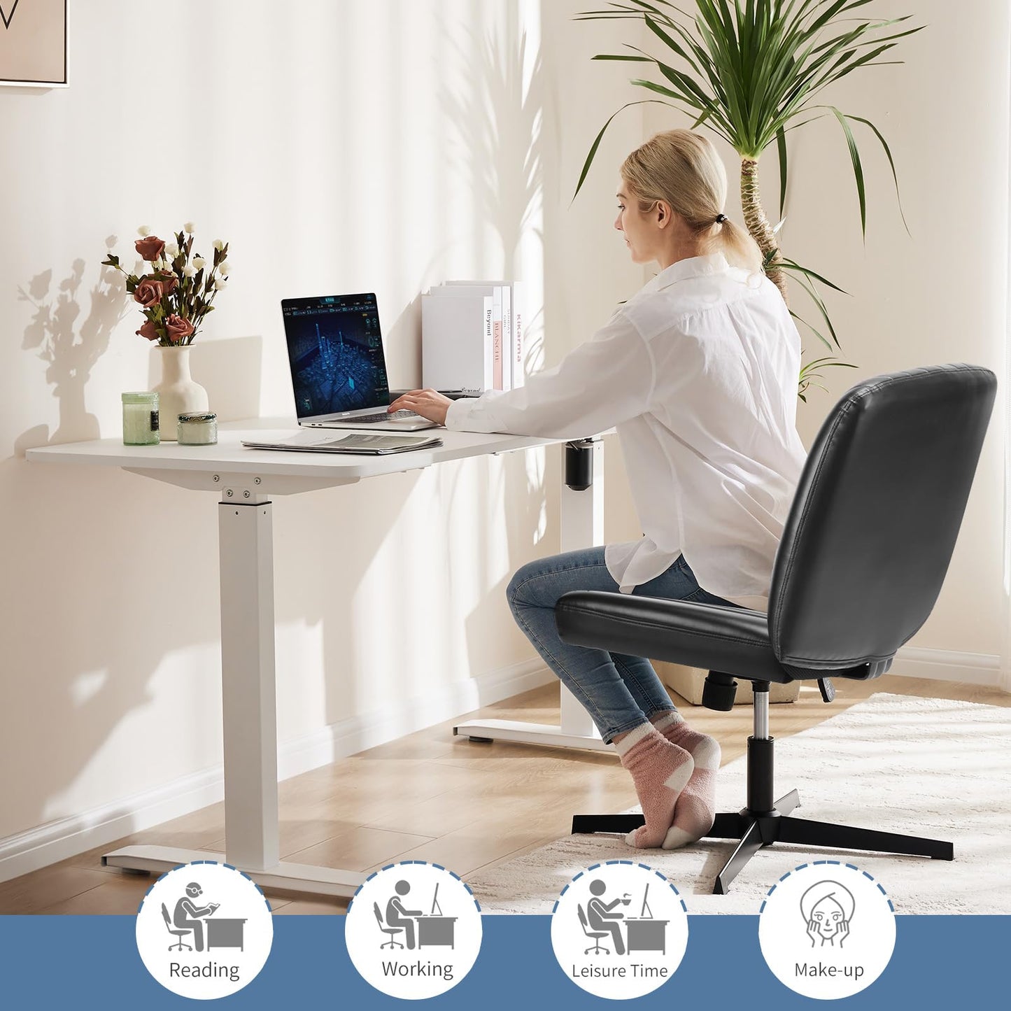 DUMOS Criss Cross Chair No Wheels, Wide Seat Cross Legged Office Desk Vanity Chair, Faux Leather Armless Height Adjustable Swivel Task Computer Chairs for Home, Study, Black PU