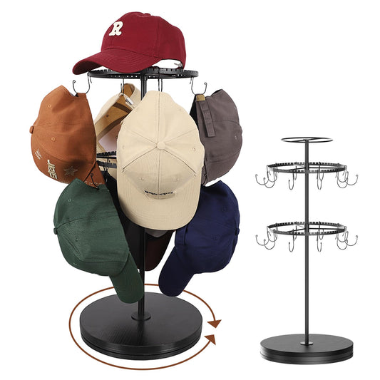 Keebofly Rotating Free Standing Hat Rack & Organizer Stand, 3-Tier Merchandise Display & Tabletop Baseball Cap Organizer Holds 40+ Caps, Portable for Vendor & Home Use in Bedroom, Closet, Entryway