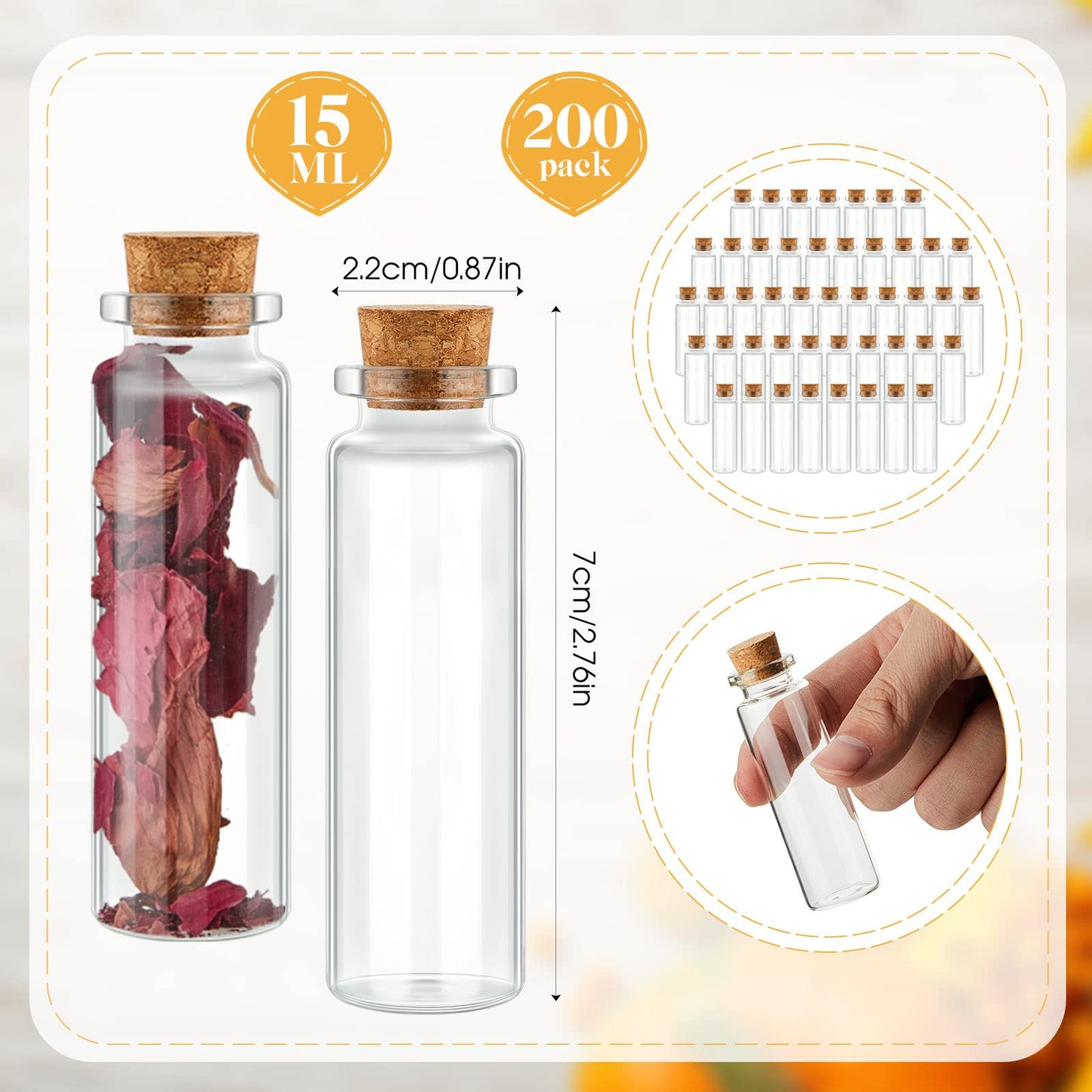 Bokon 200 Pack Mini Glass Jars with Lids 15 ml Small Glass Bottles for Crafts DIY Wedding Graduation Party Favors Message Storage Containers Bulk Tiny Vials for Gifts Decorations and Keepsake Use
