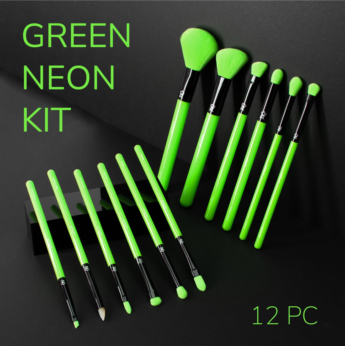 MODA Neon Green Makeup Brush Set, 12pc Vegan Face and Eye Brush Kit, for Foundation, Blush, Powder and Eyeshadow, Ultra Soft Synthetic Bristles, for Smooth Blending and Flawless Finish