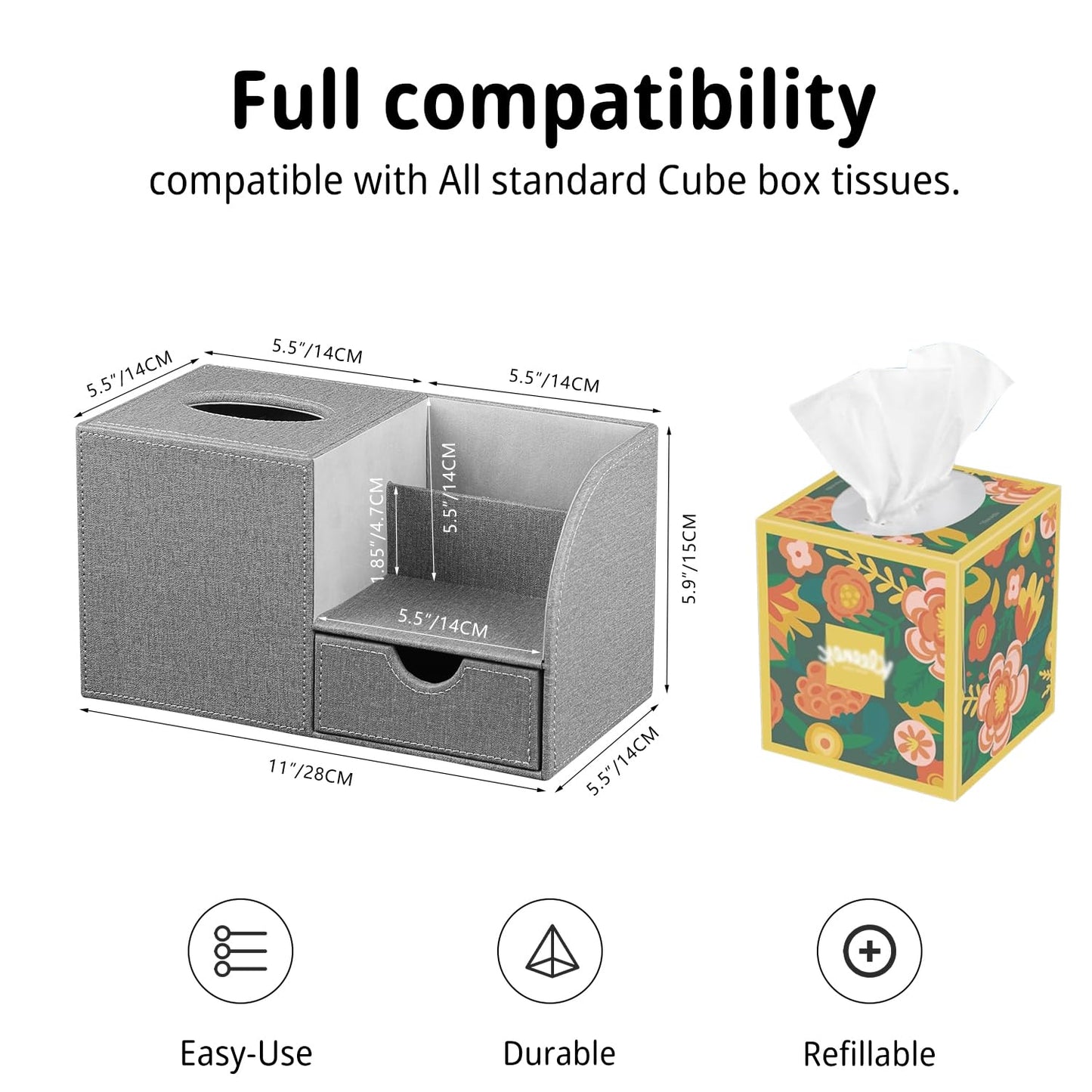 Nightstand Organizer with Tissue Holder,PU Leather Square Tissue Box Cover,Modern Facial Paper Organizer Storage Box for Remote Control,Bathroom,Vanity Countertop,End Table Home Office.Gray
