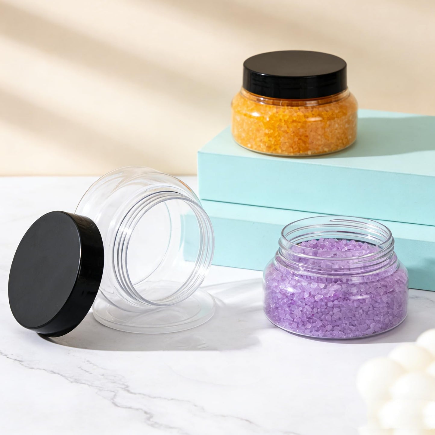 Zentriqlla 24 Pack 5 Oz Plastic Jars with Black Lids, BPA Free Clear Body Scrub Containers, Empty Round Samples Jars for Sugar Scrub, Lotion, Body Butter, Cream