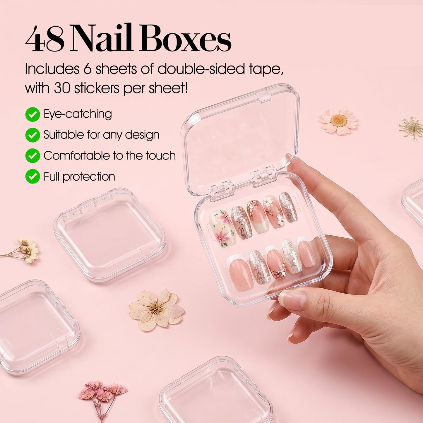 Meyeyaia 48 Sets Press On Nail Boxes, Clear Nail Packaging Case for Press Ons with 180 Pcs Adhesive Double Sided Tape, Acrylic Artificial Nail Display Container for Nails Salon