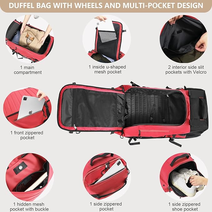 CONTAIL 86L Wheeled Duffel Bag, Soft Shell with Adjustable Web Handles, Carry On Size 29.5x14.2x12.6in, Foldable with Dual Wheels & Shoe Compartment,Red