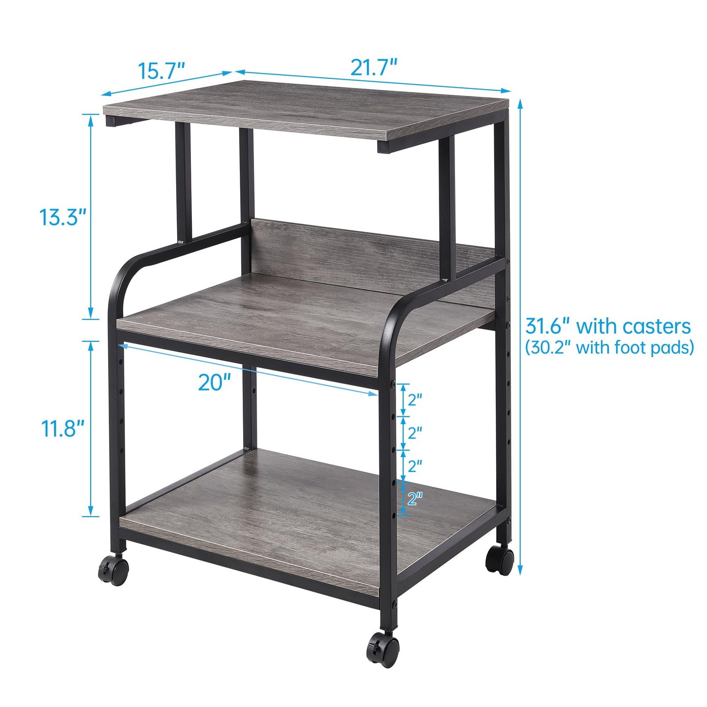 Fannova Printer Stand with Height Adjustable Storage Shelf, 3 Tier Mobile Printer Table with Wheels, Rolling Printer Cart for Home Office Organization, Gray