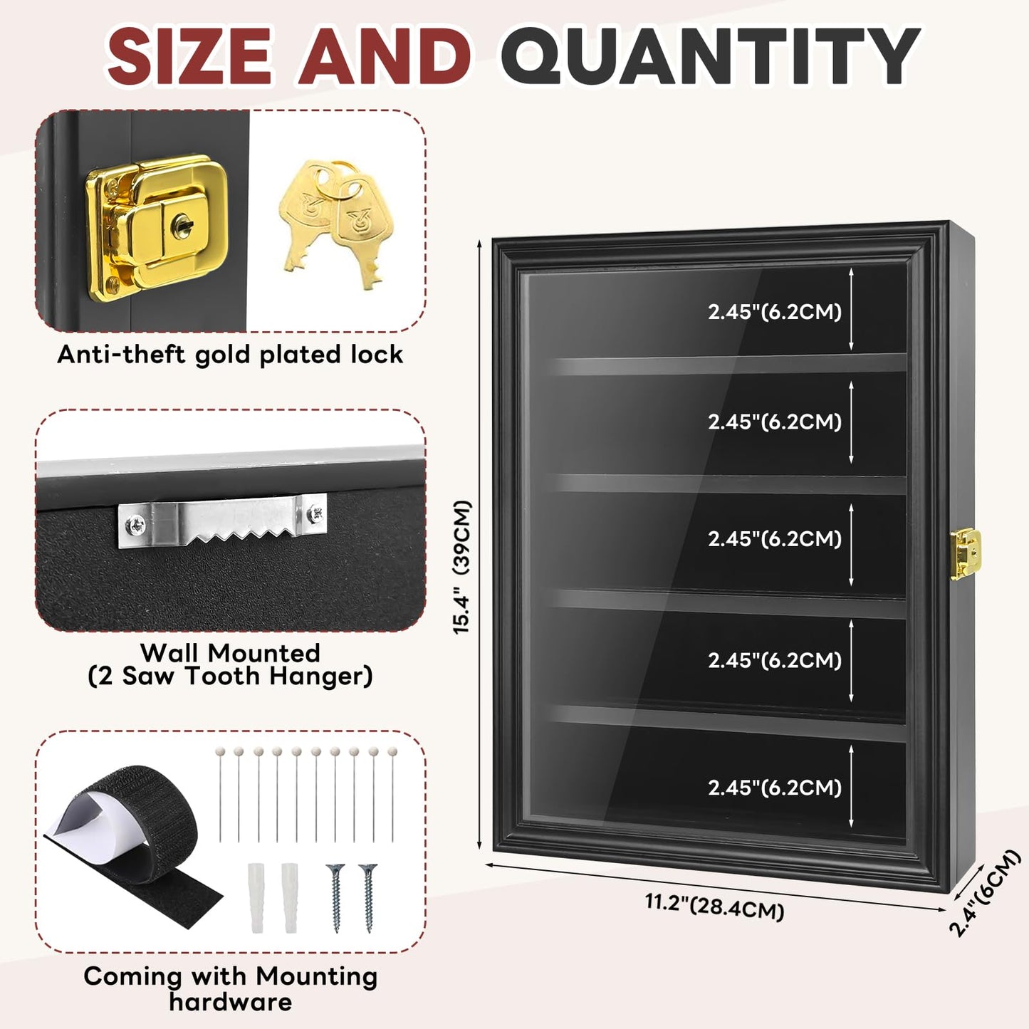 Military Challenge Coin Display Case Holder, Lockable Wooden Army Coins Display Box Cabinet with Anti Fade Acrylic Glass Door, Coin Stand Rack with Removable Shelves and Wall Mounted, Black