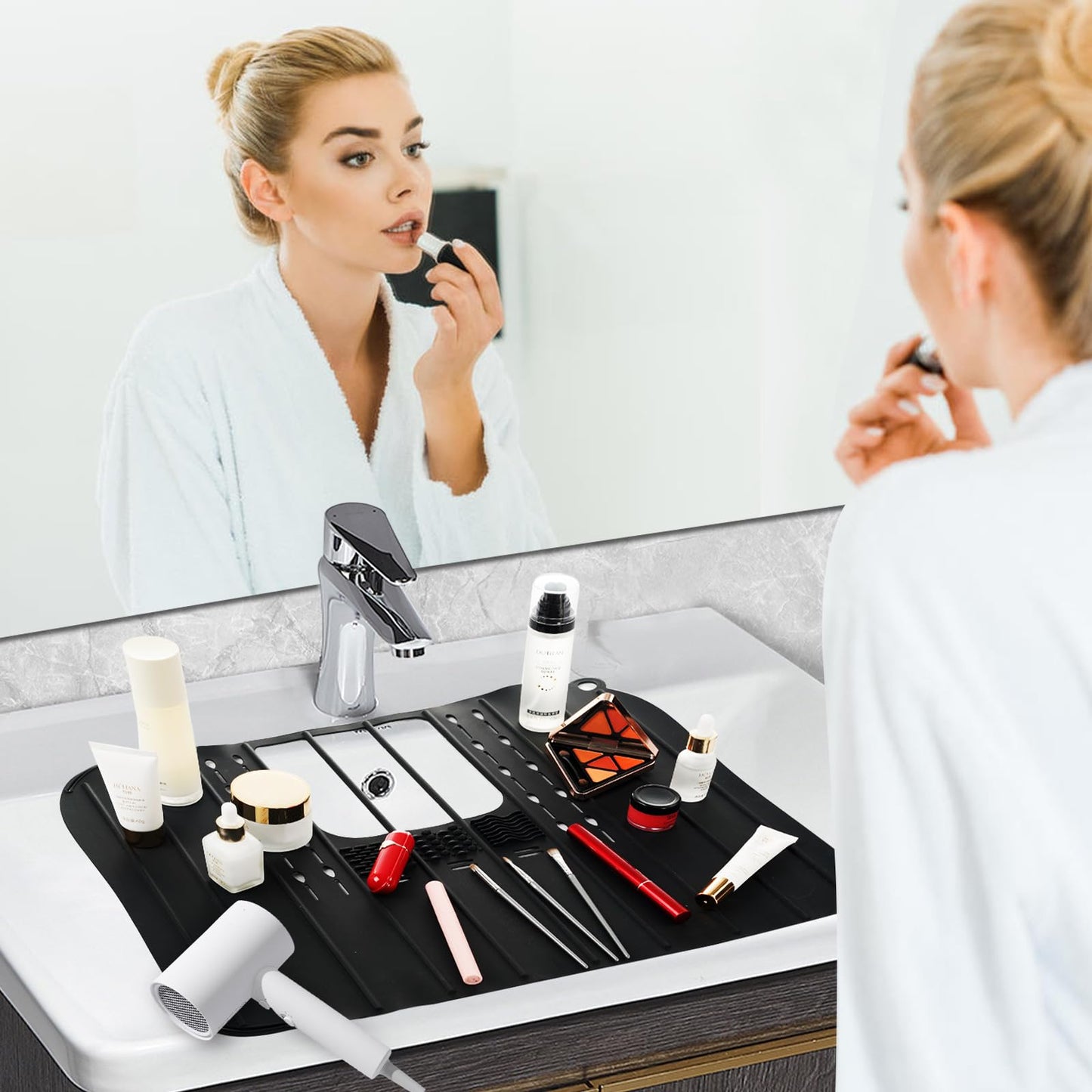 SFBBCLOZ Bathroom Sink Top Cover For Counter Silicone Beauty Makeup Brush Cleaning Mat Multi-Functional Foldable Storage Countertop Mat Black