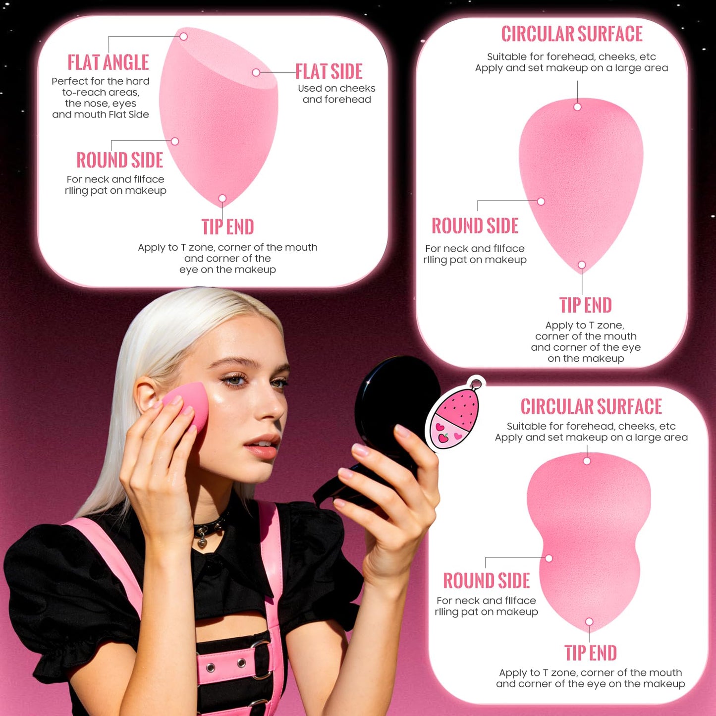 30 Pcs Makeup Sponge Set (15 Pink+15 Black) Individually Wrapped, Latex-Free Soft Low Absorption Sponges, Washable Reusable Wet Dry Use for Flawless Liquid Cream Powder Makeup
