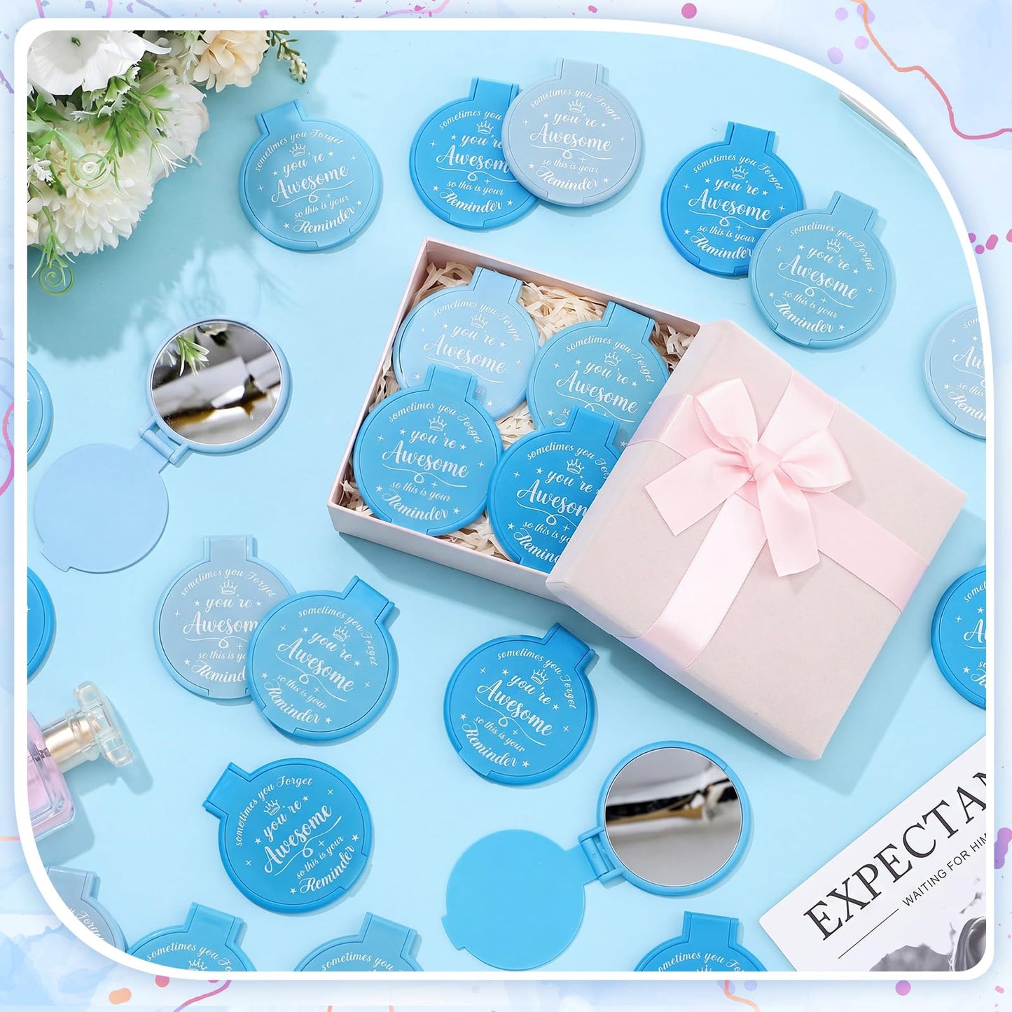 Gulfmew 100 Pcs 2.76 Inch Inspirational Compact Mirror Bulk Women Small Gifts Graduation Mothers Day Party Favors Purse Mirror Pocket Mini Items for Adult Coworker Cheerleader Swag Bag (Blue Series)