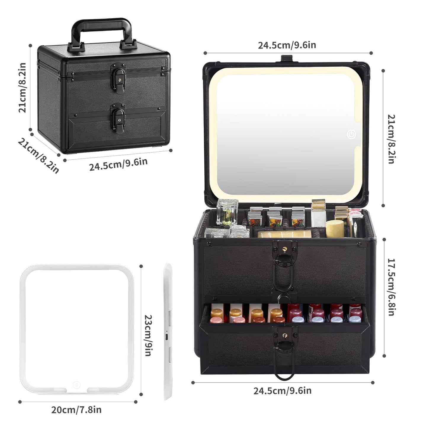 Leeora&Leekoo Makeup box with Drawer and lighted mirror travel train Case, cosmetic organizer with Adjustable Dividers and Magnetic led mirror (Black)