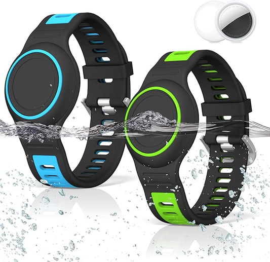 2-Pack Bracelet Compatible with AirTag for Kids, Waterproof Airtag Bracelet Full Coverage Protective Case Design Soft Silicone Hidden Air Tag Holder for Toddler Child Elderly (Blue+Green)