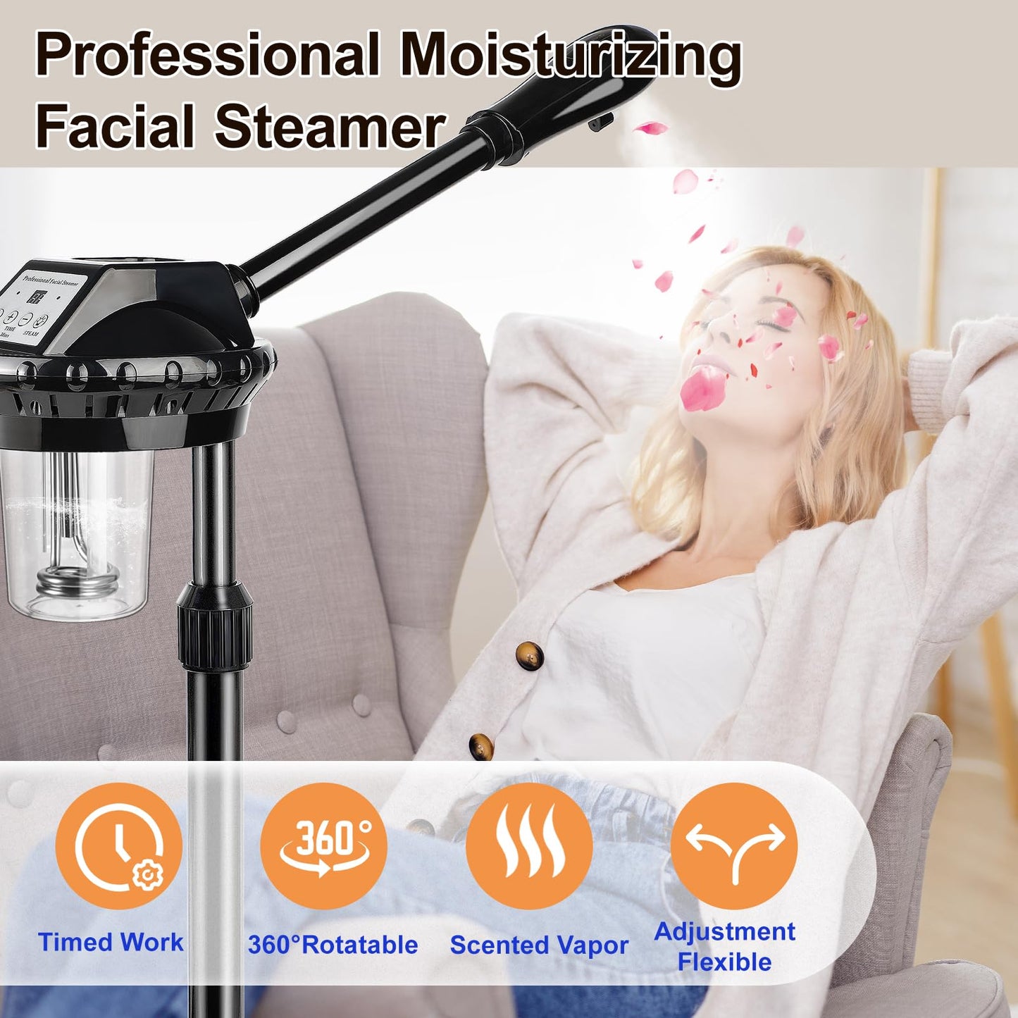 Professional Facial Steamer for Deep Hydration,Ozone Face Steamer with More Steam,Estheticians Steamer on Wheels with Time Setting,Adjustable Height Suitable for Beauty, Spa and Home Use