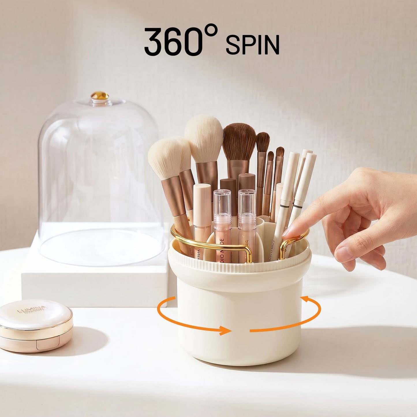 Makeup Brush Holder, 360° Rotating Cosmetic Display Cases with Clear Lid, Bathroom Countertop Organizer for Vanity, Waterproof Toothbrush Holders for Make Up Brushes, Toothpaste, Lip Gloss (Cream)