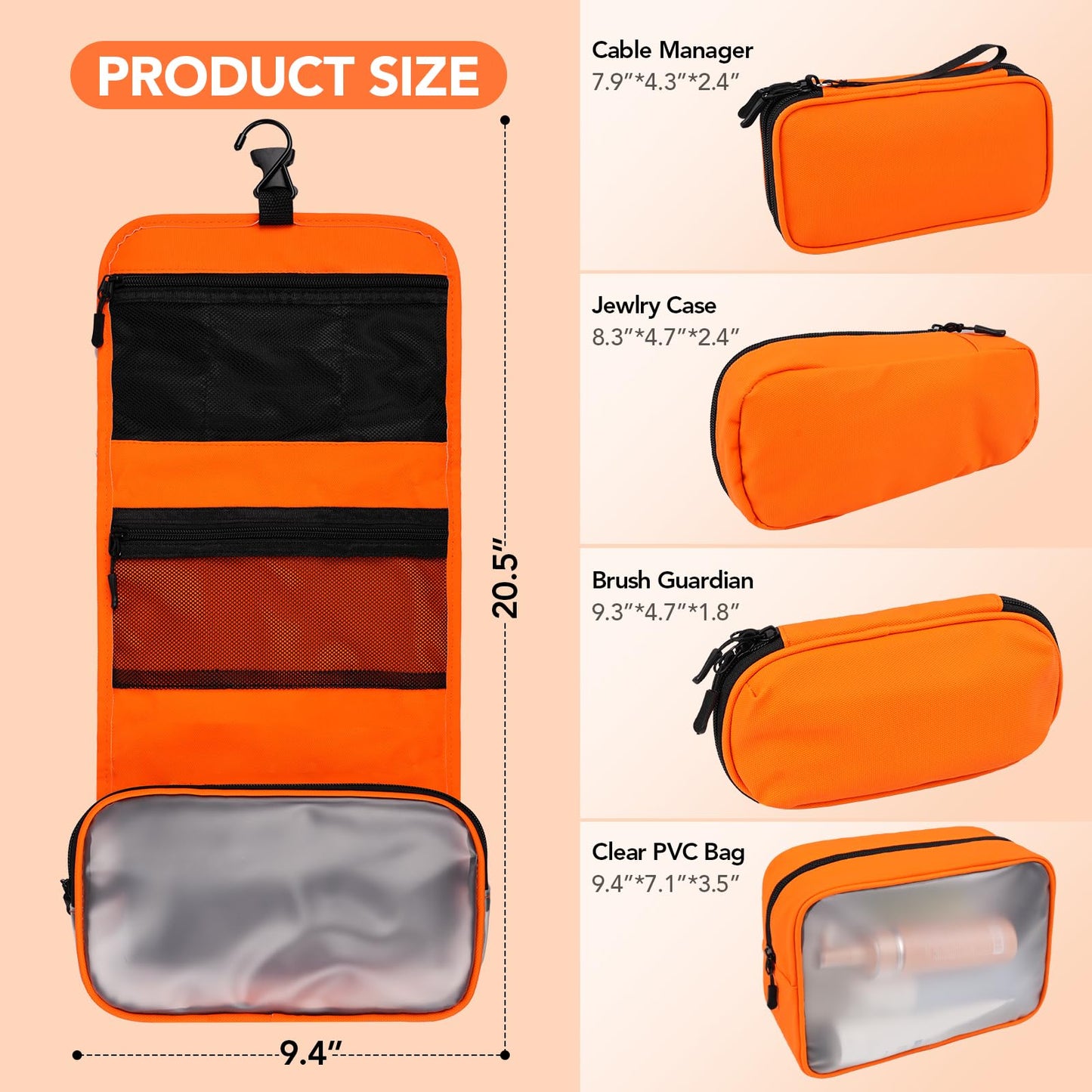 Idcymoul Travel Toiletry Bag Set for Women, Compact Size 5-Piece Hanging Organizer Kit with TSA Approved Cosmetic Bag, Jewelry Case & Cable Pouch, Waterproof Makeup Bag for Travel Essentials - Orange