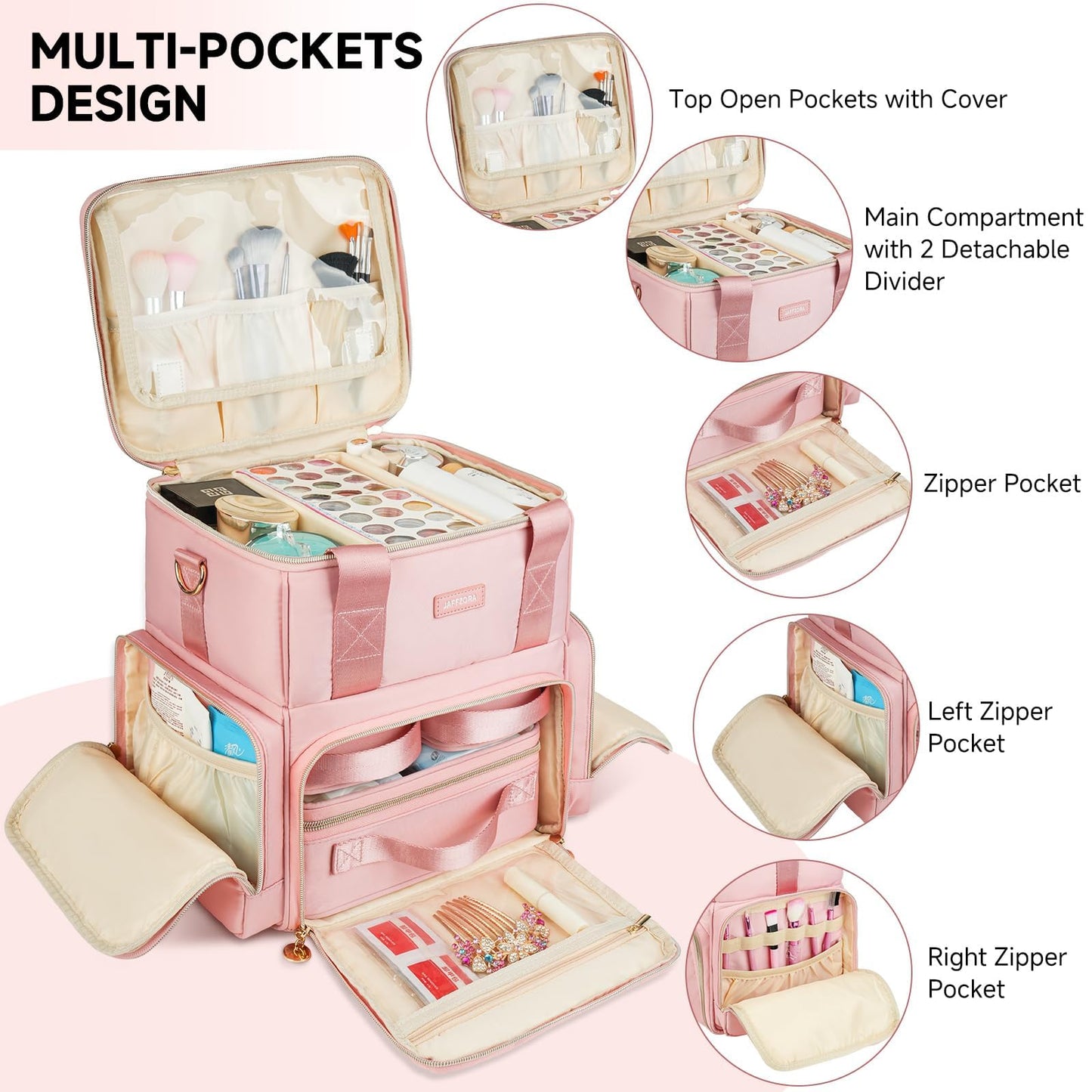 Jaffzora Extra Large Makeup Bag,4 in 1 Cosmetic Storage Organizer Travel Case with 3 Detachable Pouches and Dividers,Pink