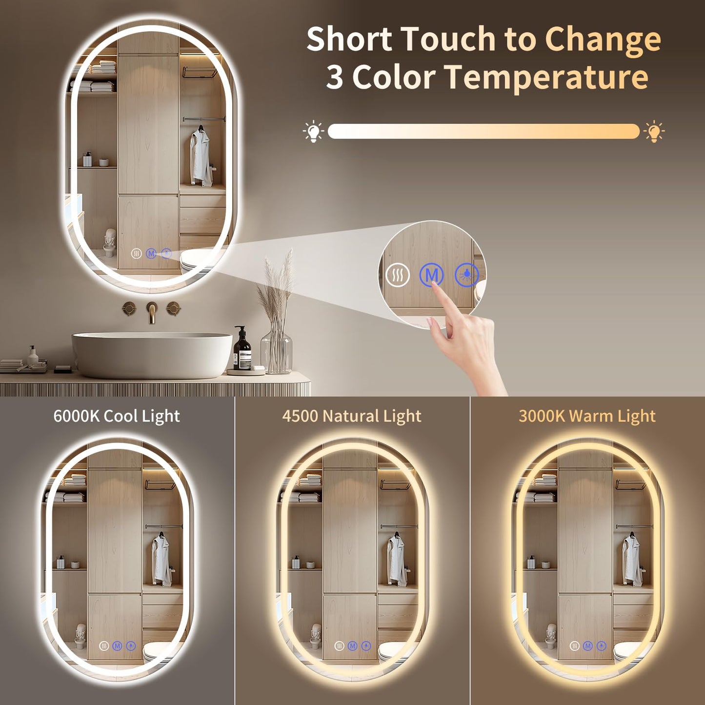 WISSMIELS Oval LED Bathroom Mirror, 24"x 36" Frameless LED Mirror with Front Light and Backlit, Anti-Fog, Dimmable Modern Wall Mounted Lighted Mirror, Pill-Shaped Smart Mirror Bathroom