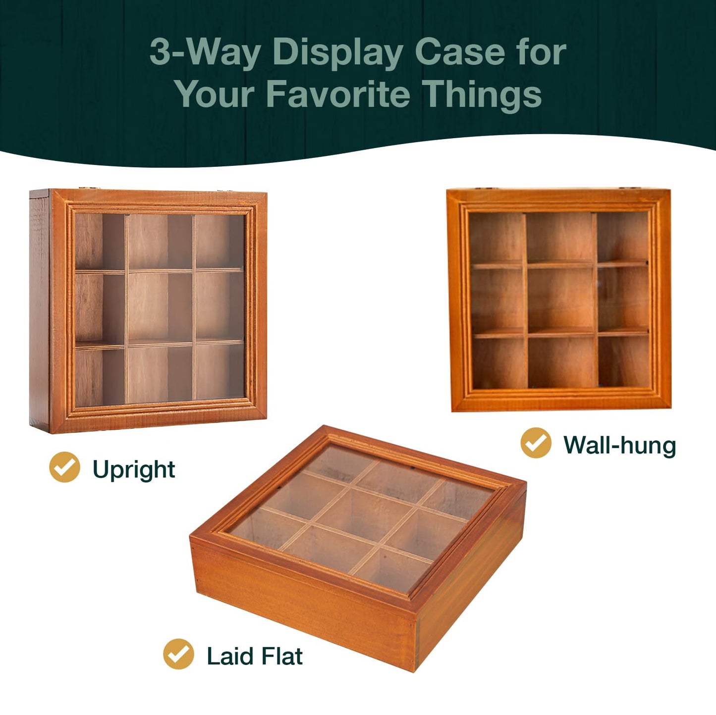 9-Slot Mini Wooden Storage Box w Clear Acrylic Collectibles Display Case - Square Wood Organizer Box with Dividers - Storage & Organizer Case for Tea, Essential Oils, Spices & More