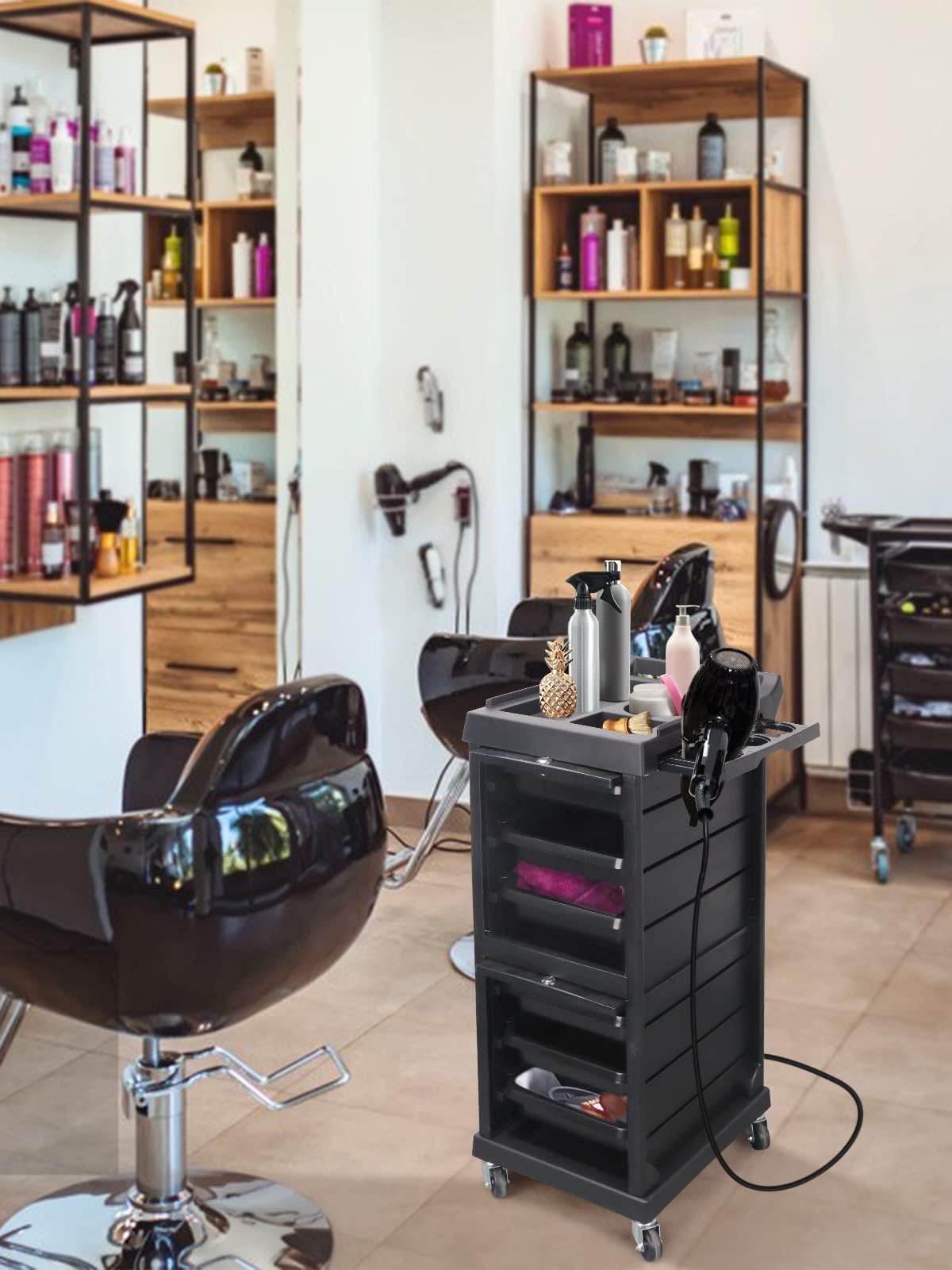 EBANKU Salon Beauty Rolling Trolley Cart, Black Hair Salon Storage Cabinet Barber Organizer Tool Multi Drawers Rolling Cart Free Standing Furniture with 4 Universal Wheels Hair Salons Supplies