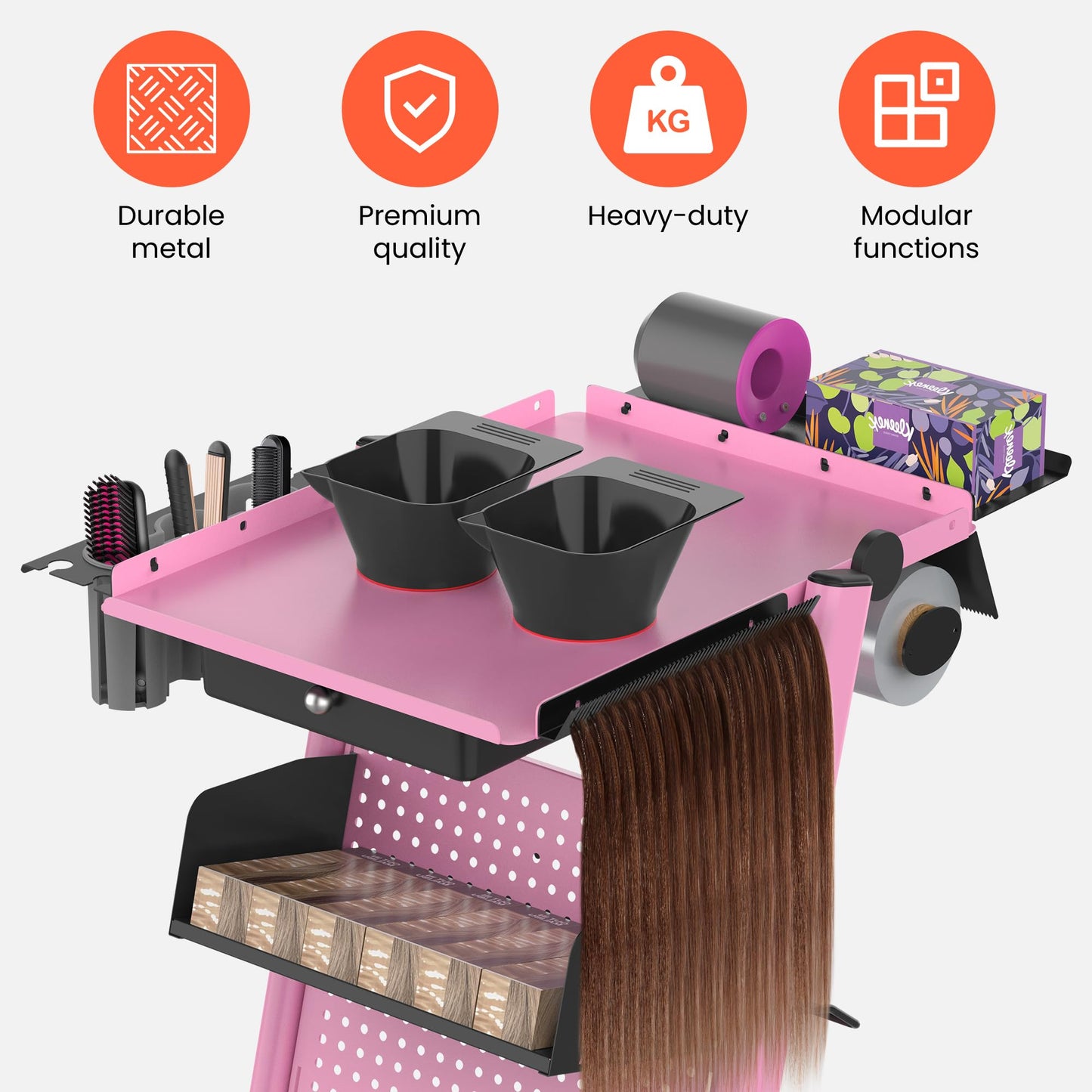 TASALON Premiu Multifunctional Rolling Workstation Table with 360 Degree Mute Universal Wheel for Tattoo Work,Beauty Salon Spa Stools Service Storage Tray with Pegboard - Pink