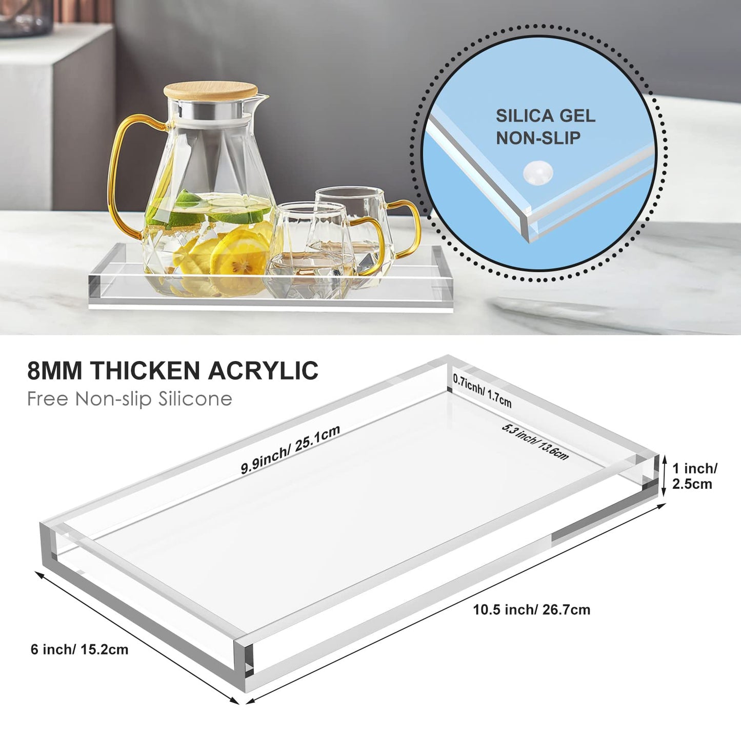 Cilinta Vanity Tray 8mm Thicken Clear Acrylic Organizer Tray 10.5 * 6" for Bathroom Sink Countertops, Dresser Tops, Toilet, Perfume, Soap, Rings, Earrings and Necklace Small Decorative Tray for Home