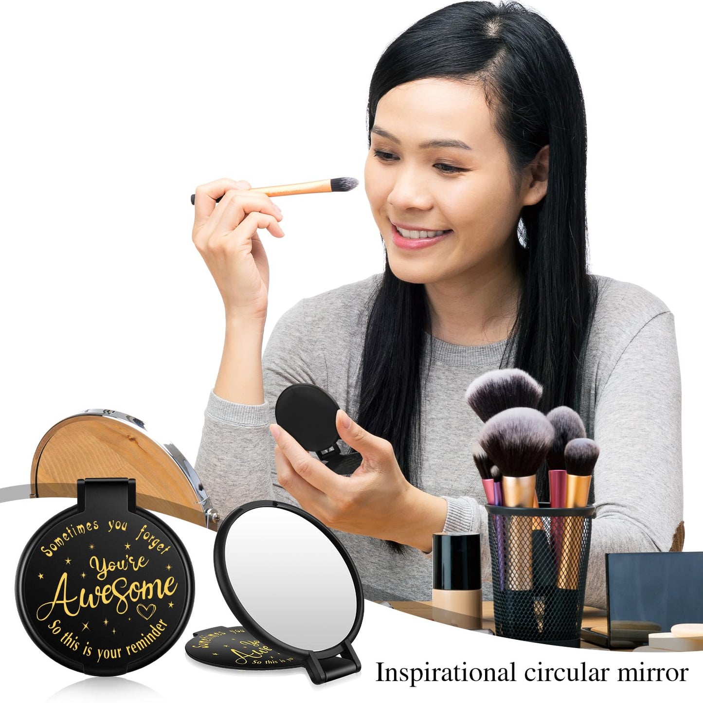 Huwena 100 Pcs Inspirational Compact Mirror Bulk Mini Gifts Women Round Purse Pocket Mirror, Mothers Day Employee Appreciation Gifts, Wedding Party Favors for Guests(Black,Awesome)