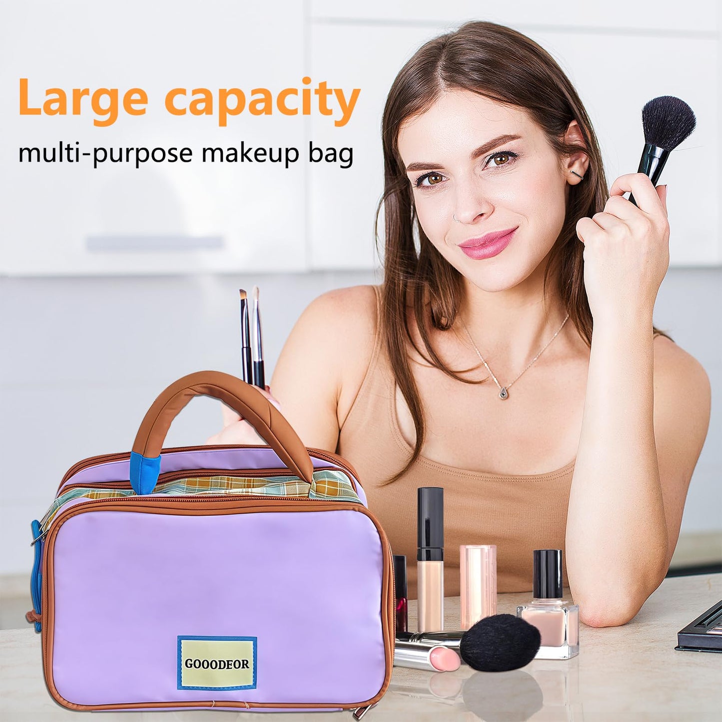 Cozomga 3 - Layer Large - Capacity Makeup Cosmetic Toiletry Bag with Double Zippers & Wide Opening, Portable Travel Organizer for Cosmetics & Toiletries，Purple