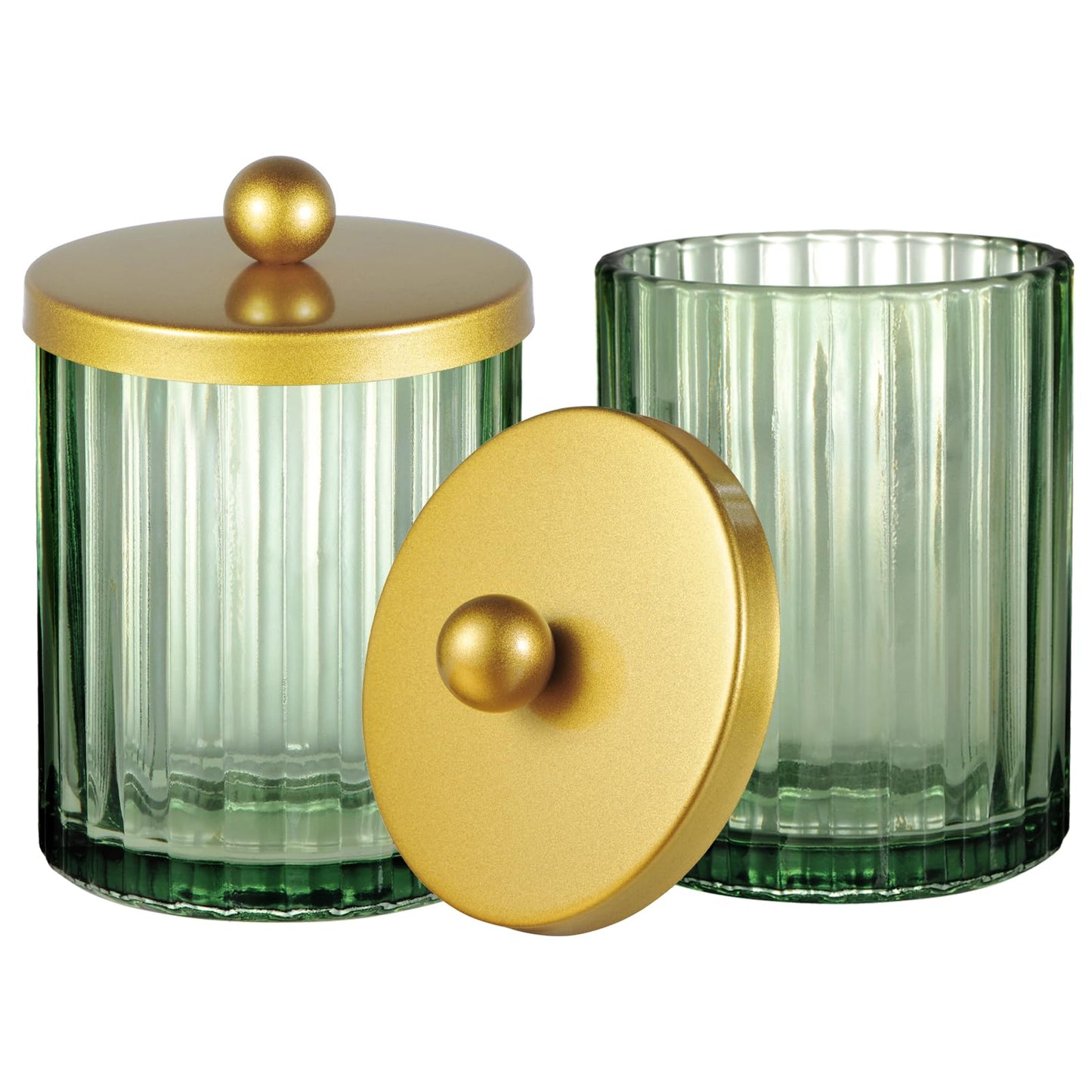 Amolliar Sage Green Glass Qtip Holder Dispenser, Bathroom Canister Apothecary Jar for Cotton Swabs, Cotton Balls, Round Pads, Floss Picks, Countertop Storage Organizer Container for Vanity,Gold 2 Pack