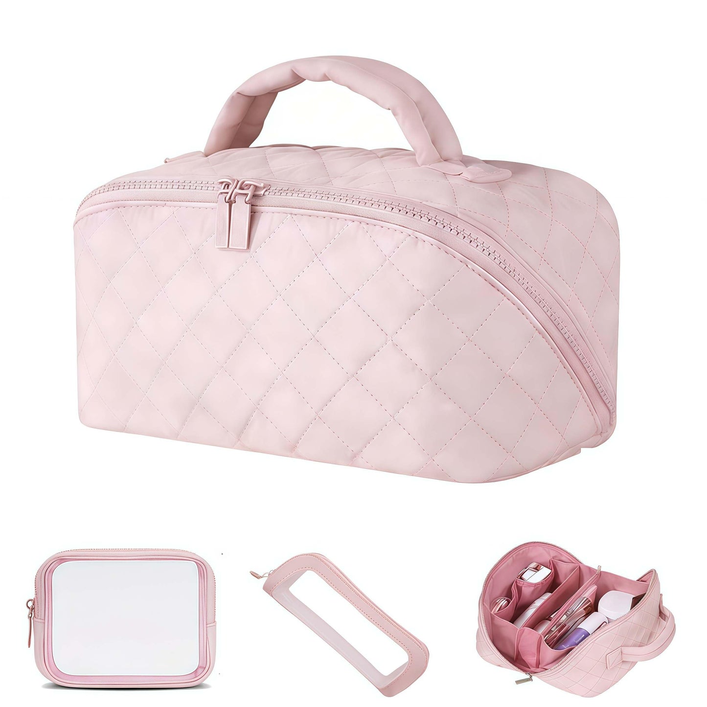 JMKEY Makeup Bag, Quilted Puffer Cosmetic Bags for Women: 3 Pcs Set Large Capacity Waterproof Make up Bag - Makeup Organizer for Travel Essentials Pink