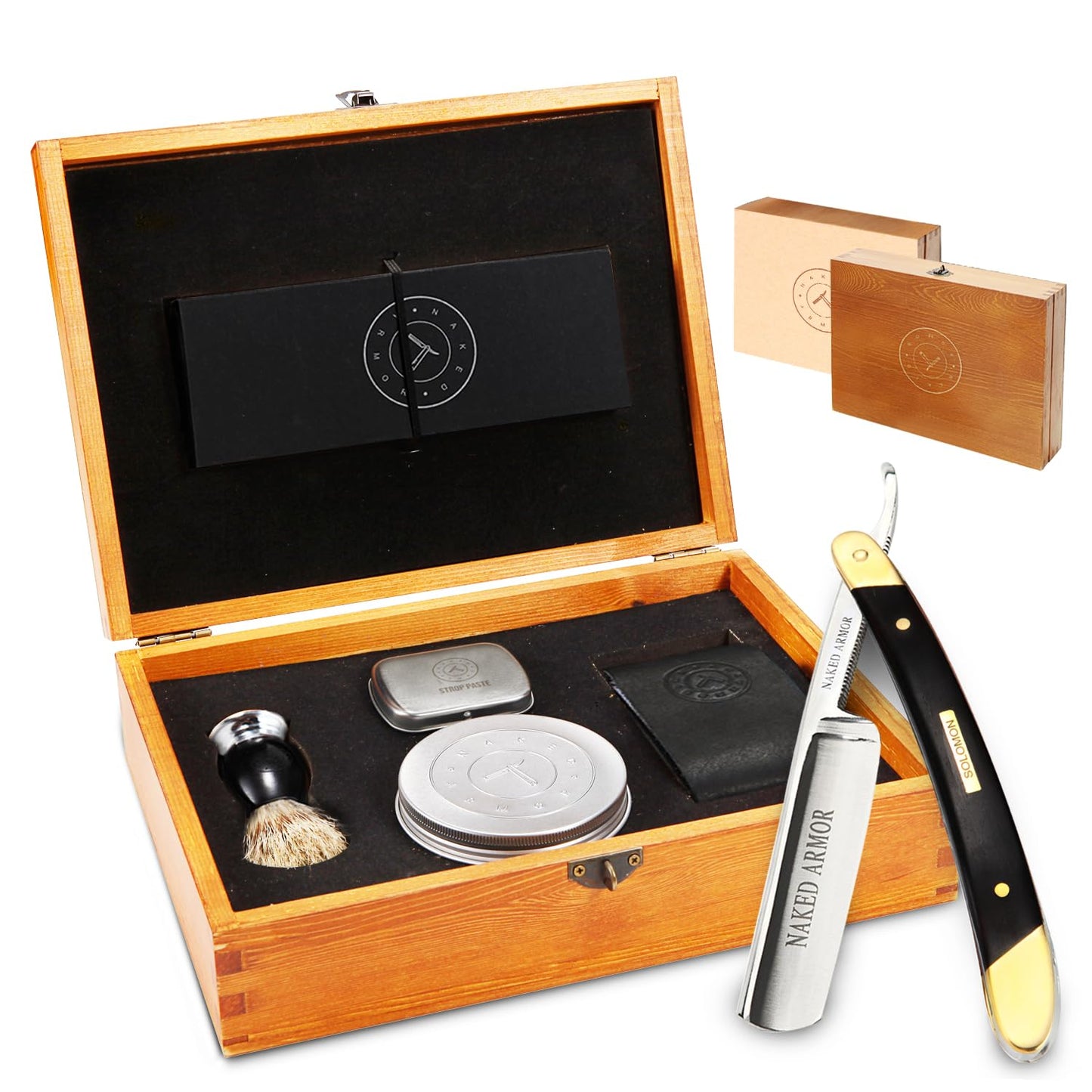 Naked Armor Straight Razor Kit – Solomon Japanese Carbon Steel Blade, Complete Straight Razor Shaving Kit for Men, Shave-Ready, Strop, Brush, Soap & Pine Gift Box Included (Black)