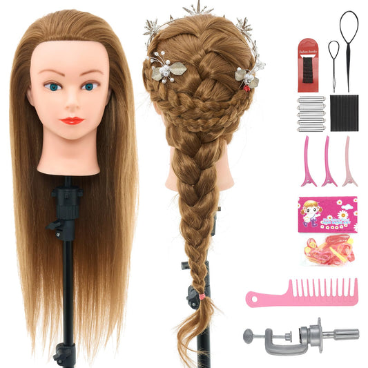 28Inch 80% Real Hair Mannequin Head, Cosmetology Mannequin Head with Hair for Braiding Curling Cuting, Table Clamp Styling Set(Blonde)