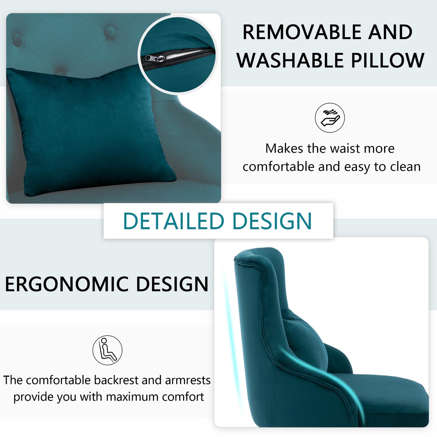 UDAX Velvet Vanity Chairs with Back, Upholstered Makeup Chair No Wheels with Metal Legs & Lumbar Pillow for Living Room/Makeup Room/Bedroom/Home Office/Kitchen