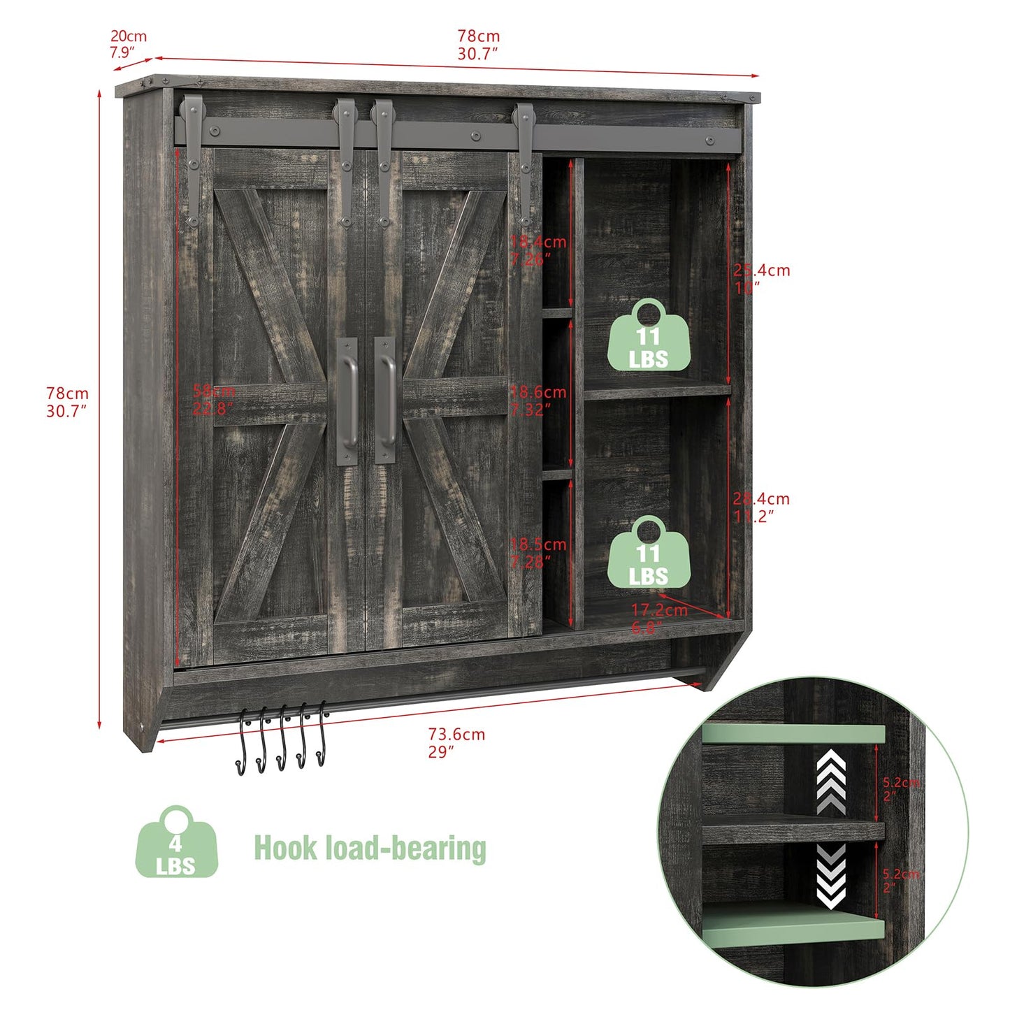 Trironsun Farmhouse Medicine Cabinet 2 Sliding Barn Doors 3 Tier Rustic Wood Wall Storage Cabinet Adjustable Shelf Towel Bar Wall Mounted Bathroom Wall Cabinet