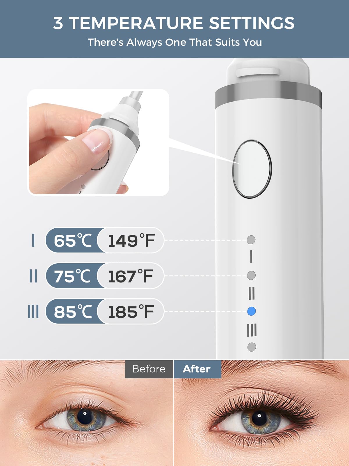 Smiling Shark Heated Eyelash Curler, 360°Wand-Style Heated Eyelash Curler Comb with 3 Brush Heads & 3 Temp & 5s Fast Heating【Lengthen/Define/Curler】 3-in-1 Lash Curler for All Types of Lashes