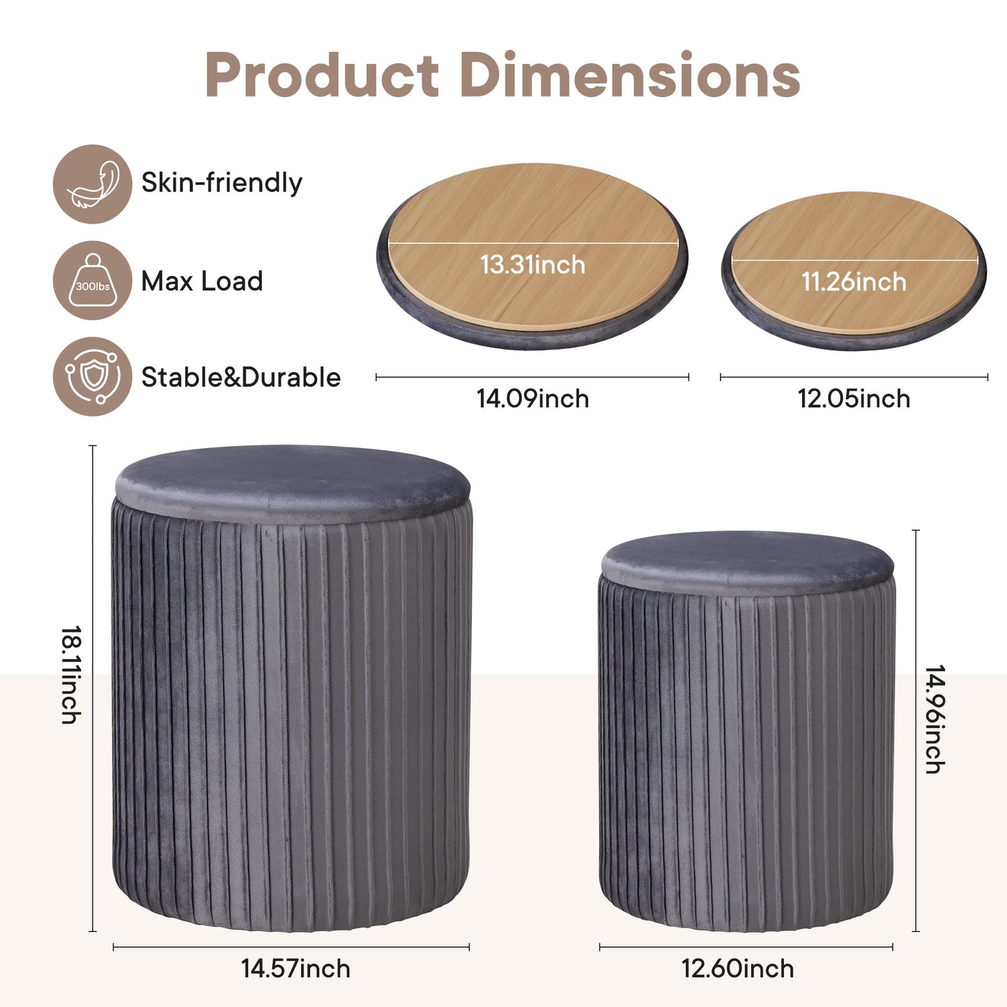 DUMOS Round Ottoman with Storage Set of 2, Vanity Stool Chair with Storage, Makeup Cute Soft Small Footstool Modern Style Coffee Table, Small Velvet Foot Stool for Living Room Bedroom Dorm, Deep Grey