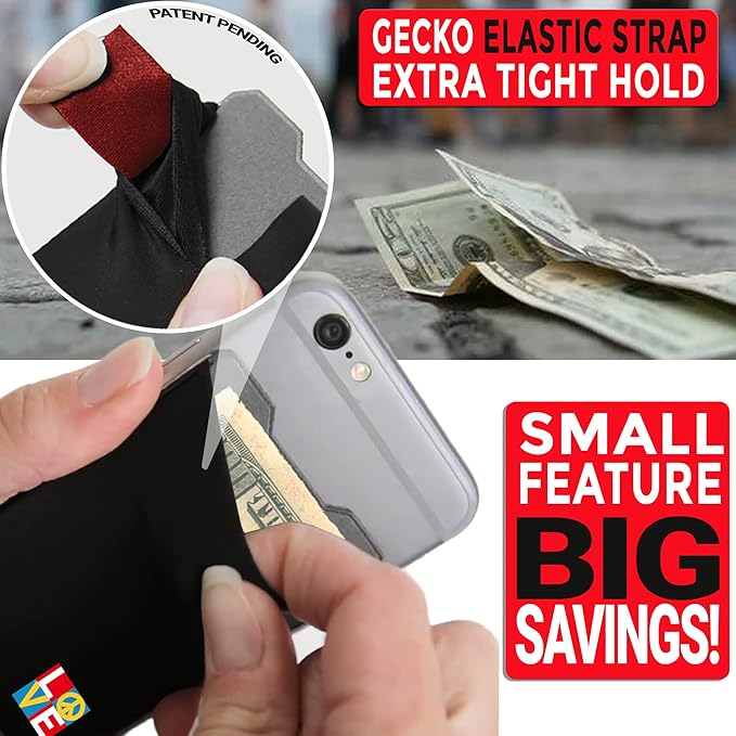 Gecko Travel Tech Double Pocket - Adhesive Card Holder - Cell Phone Pouch - Stick on Spandex Pocket - Carry Credit Cards and Cash (PEACE LOVE)