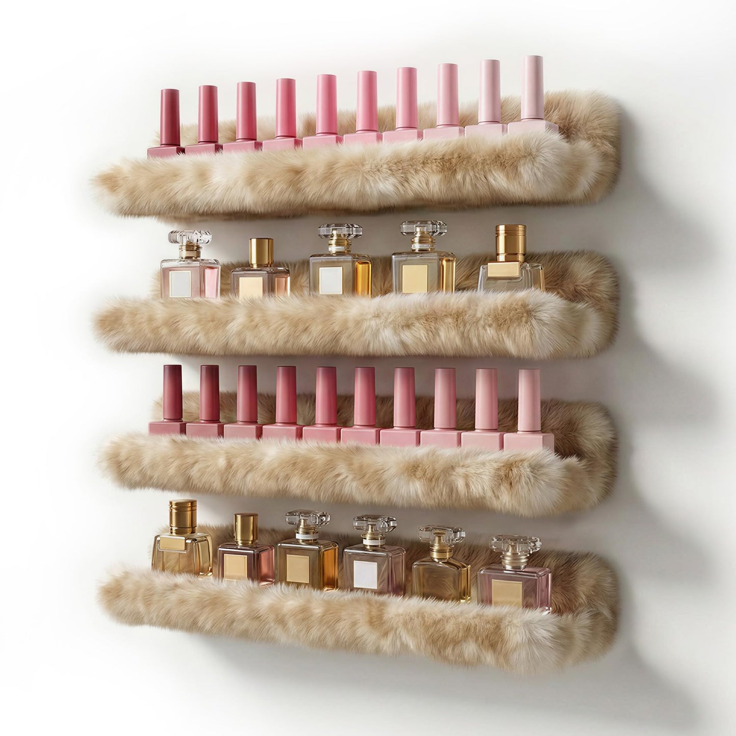 Care&More YJ 15 Inch Nail Polish Shelves, 4-Pack Fuzzy Display Nail Polish Rack for Storing Nail Bottles, Sunglasses, Essential Oils, Plush Soft (Brown)
