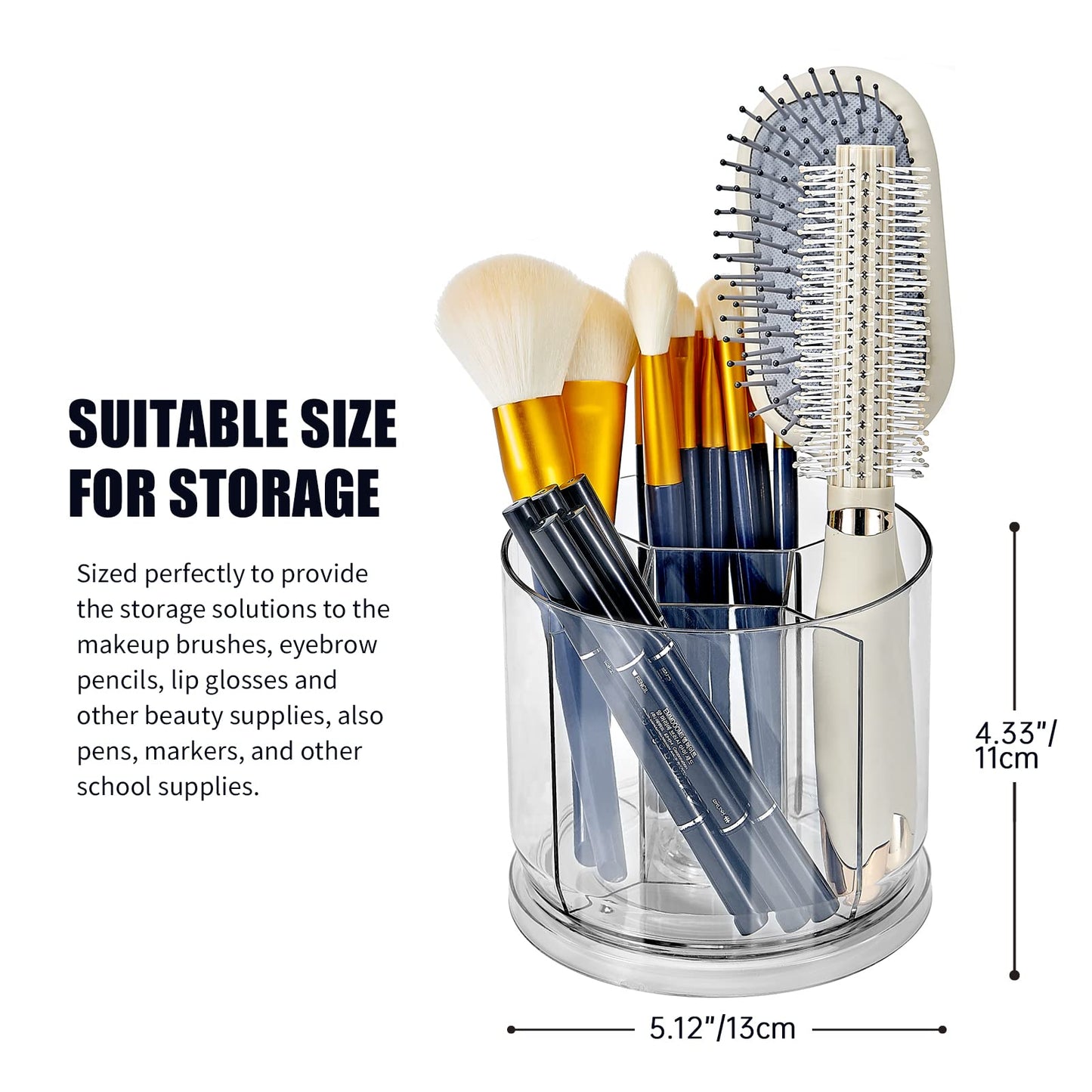Makeup Brush Holder Organizer -Rotating 360° Clear Storage Cup Containers for Vanity, Desk, Countertop, Spinning Pen Holder for Desk, Round Make up Brush Stand with 5 Slots, for Cosmestics (Clear)