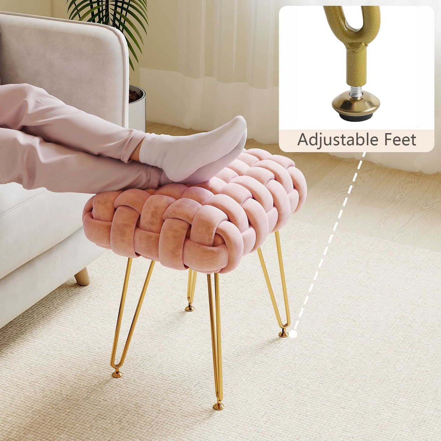 Sefulei Upholstered Velvet Vanity Stool, Hand-Woven Makeup Vanity Chair with Gold Metal Legs, Modern Foot Stool Ottoman for Living Room Bedroom, Easy Assembly (Pink)