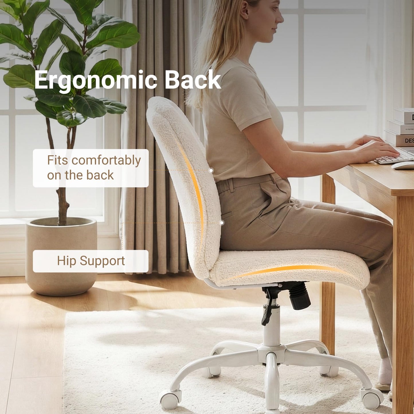 KRAMZMING Vanity Chair with Wheels, Armless Office Chair Height Adjustable, Cute Desk Chair with Soft Lumbar Support for Small Space, Bedroom, Make-up Room, White