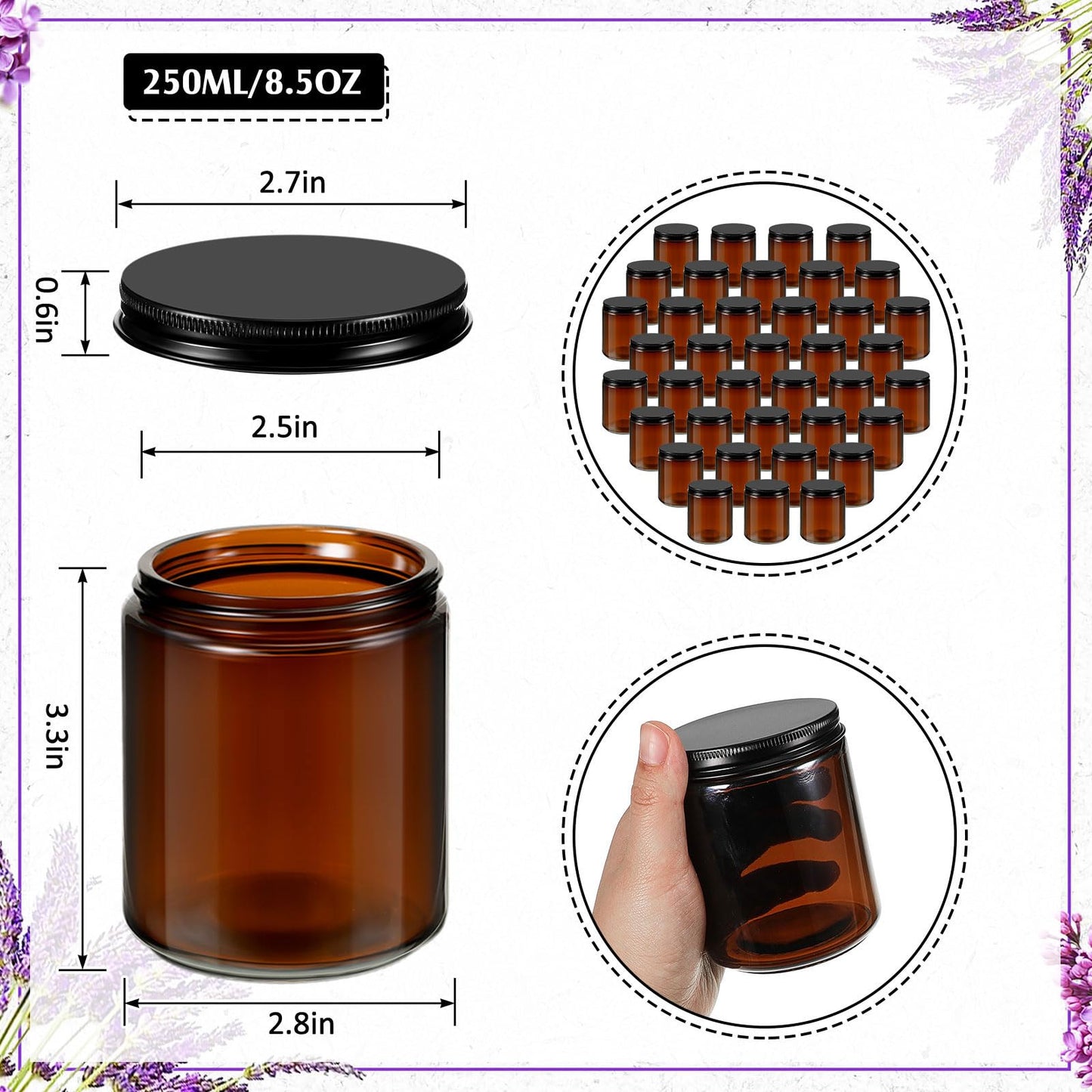 Lallisa 72 Pcs 8 oz Cobalt Glass Jars with Black Metal Lids Round Small Cosmetic Jars Round Glass Containers for Apothecary Body Butter Herbs Spice and Food Storage (Amber)