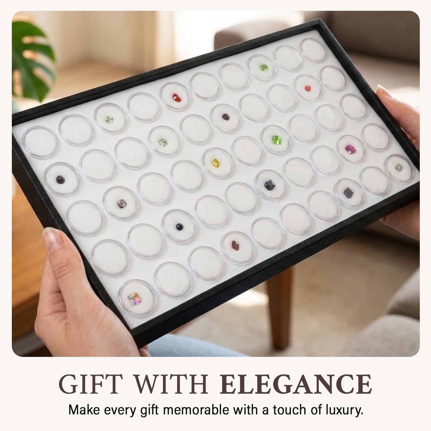 RJ Displays 50 White Foam Gem Jars with Tray, Gemstone Display Case with Lids for Gems, Coins, Gem Storage Organizer, Gem Holder, Charm Box, Gem Display Case, Gemstone Storage, 14.5" x 7.8" x 0.75"